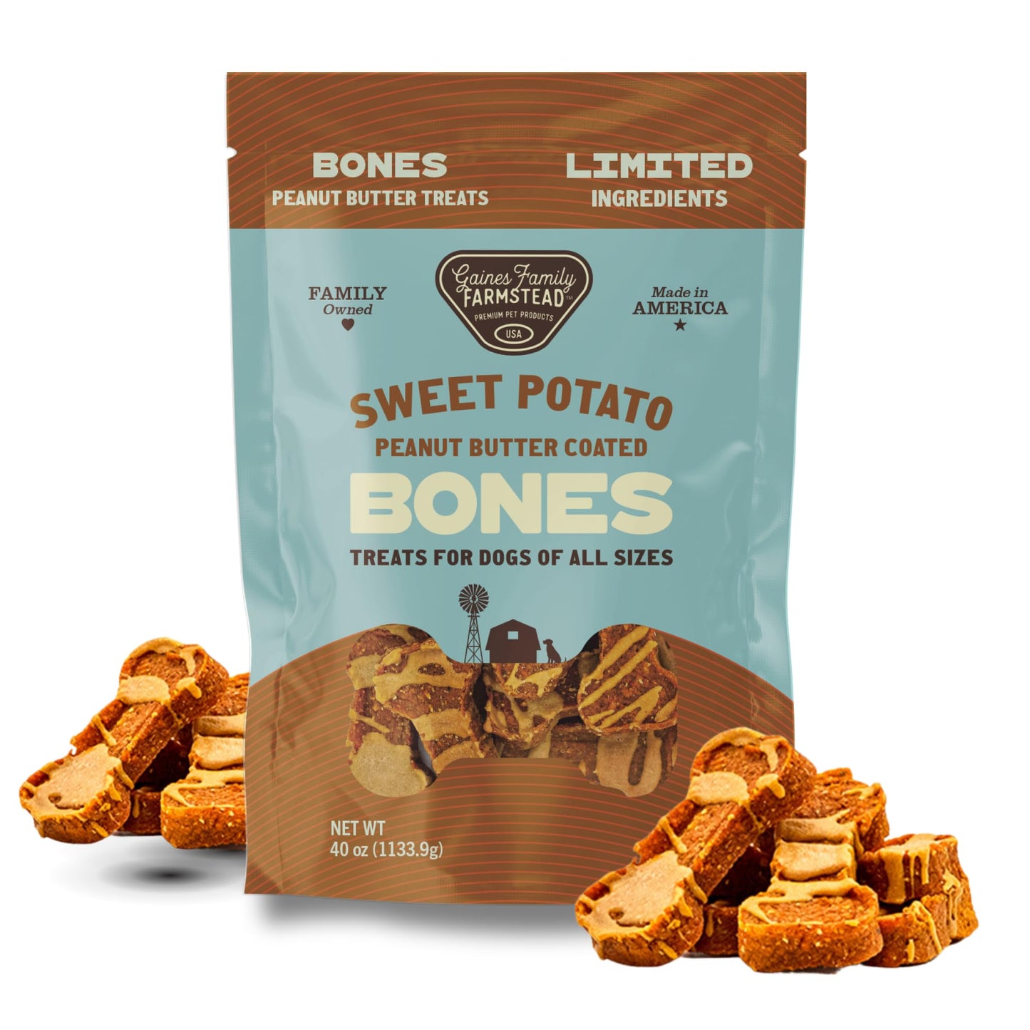 Gaines Family Farmstead Peanut Butter Coated Sweet Potato Dog Bones – 40 oz Bag, Grain-Free, Chewy, Natural Dog Treats for Digestion, Skin, Energy & Immunity – Limited Ingredient, Made in USA