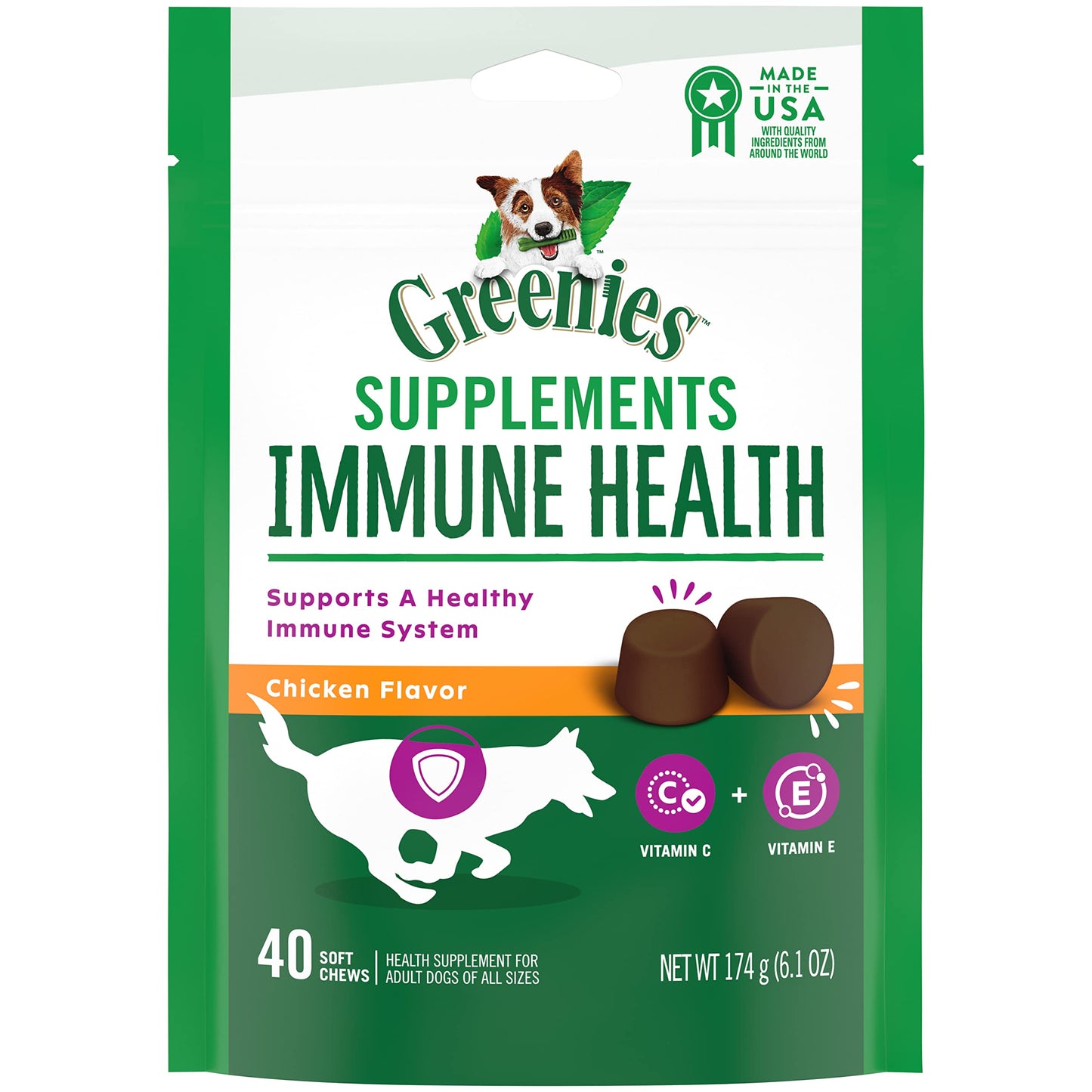 Greenies Immune Health Dog Supplements with an Antioxidant Blend of Vitamin C and E, Chicken-Flavor Soft Chews for Adult Dogs, 40-Count