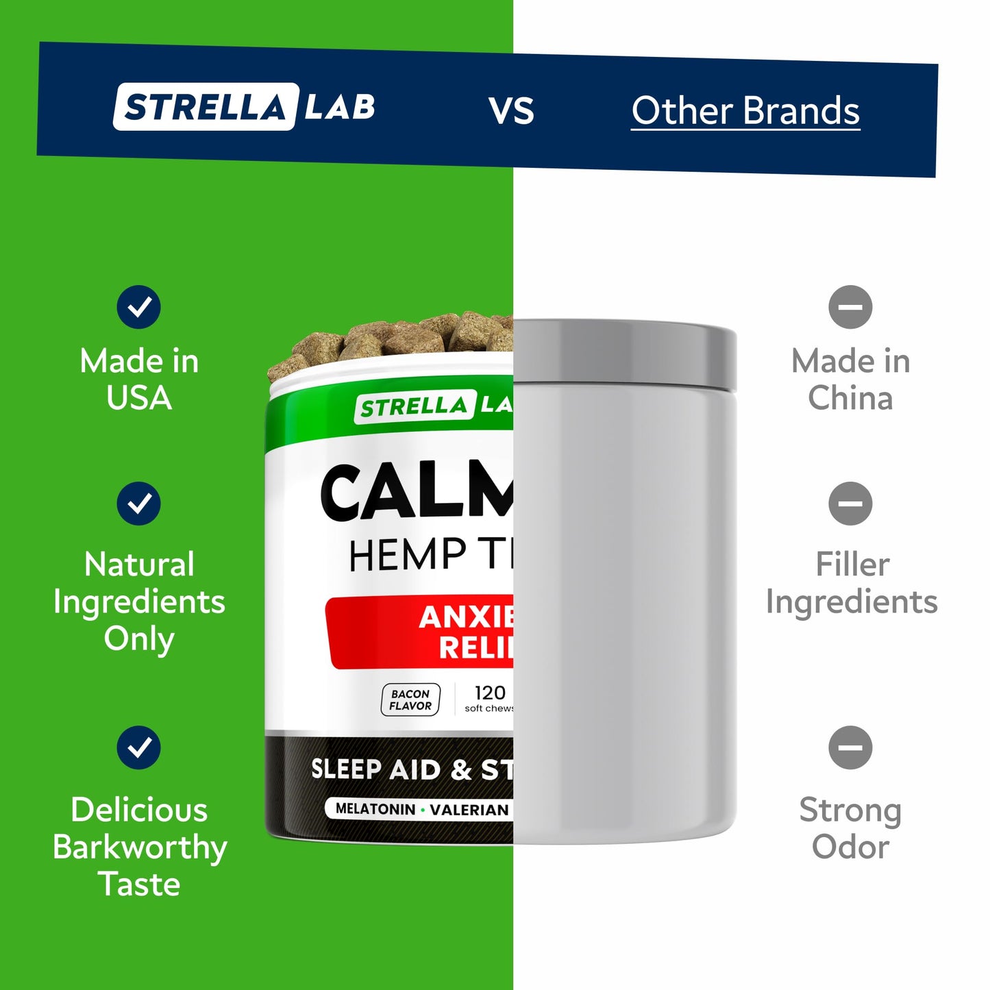 STRELLALAB Vet Formulated Hemp Calming Chews for Dogs - Anxiety Relief Calming Treats - Advanced Melatonin Pet Calm - Natural Sleep Aid & Stress, Separation Anxiety Relief - 120 Treats - Bacon