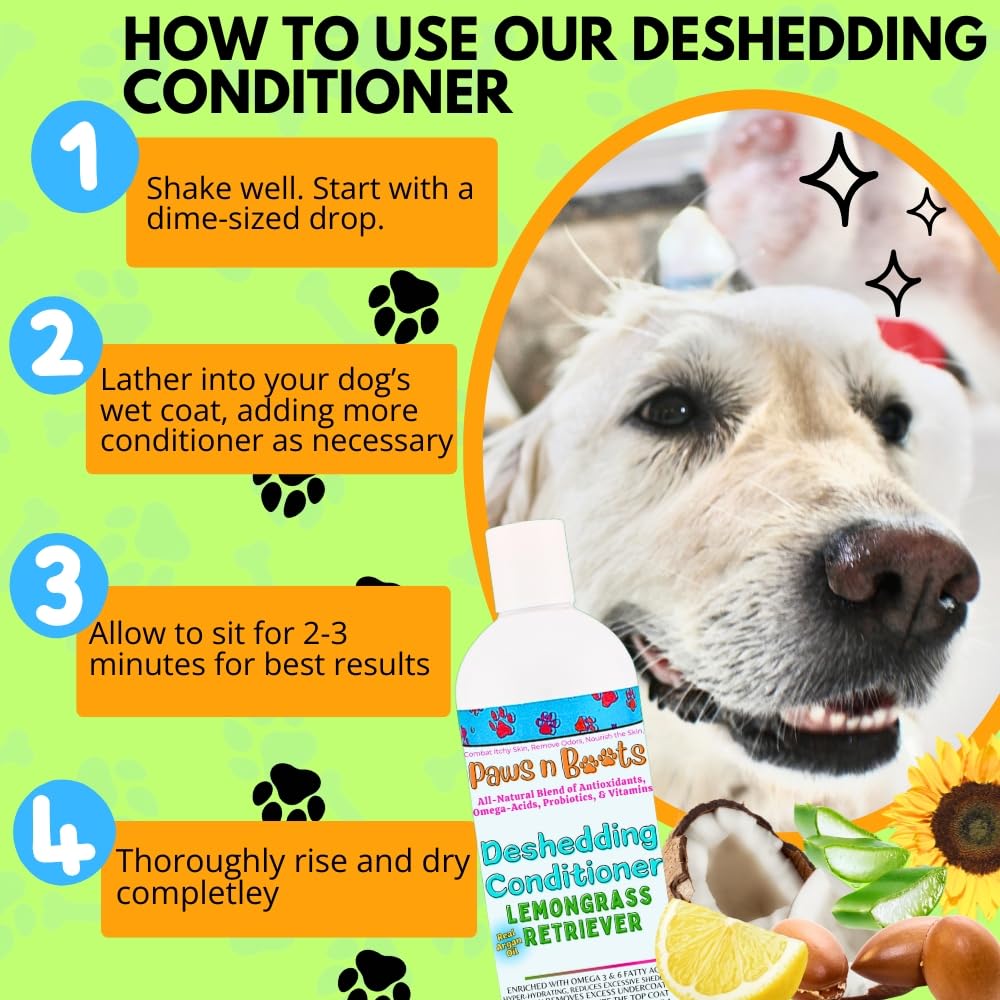 Deshedding Conditioner Omega Fatty Acids 3 6 9. Real Argan Oils All-Natural, Organic, & Non-Toxic to Pets Condition, Hydrate, & Nourish the Coat. Hypoallergenic, Tearless, Control Odor Made in USA Lemongrass