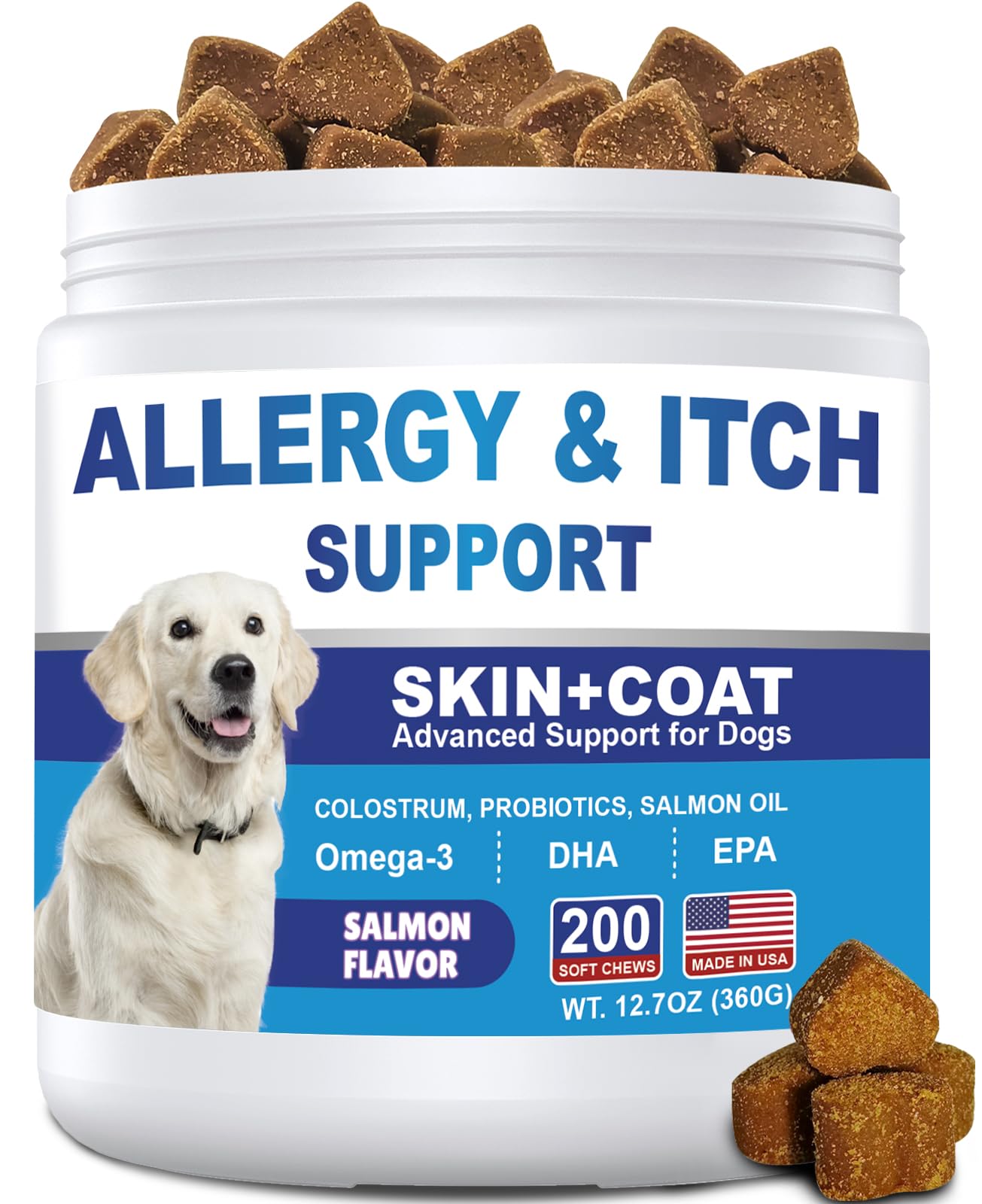 Dog Allergy Chews 200ct, Dog Allergy Skin Relief Chews for Dry Skin, Itchy Skin Relief Supplement for Paw Licking & Anti-Itch for Dogs with Colostrum, Salmon Oil, Probiotics to Boost the Immune System