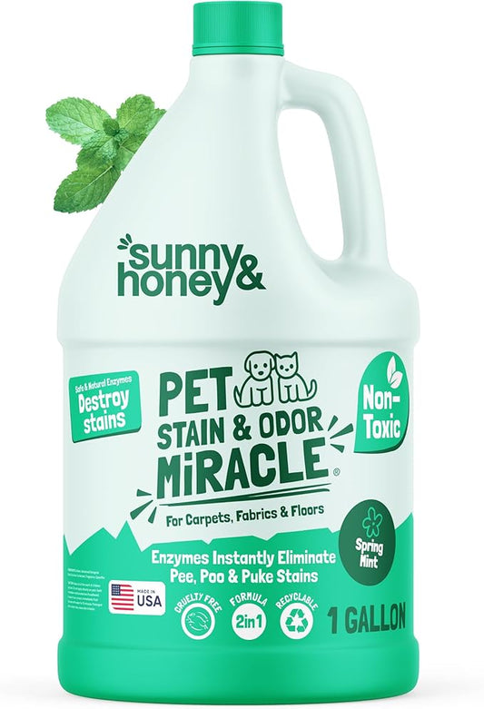 Sunny & Honey Carpet Cleaner Enzyme Pet Stain & Odor Remover - 128 Fl Oz, Spring Mint - Pet Urine Remover & Upholstery Cleaner Solution