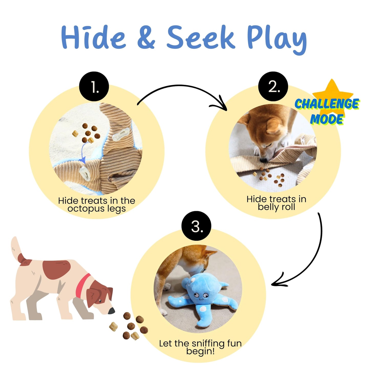 Pawfoo Lab Dog Puzzle Toy, Interactive Snuffle Octopus Toy for Medium Large Dogs – Hide & Seek Treat Dispenser with Squeaky & Crinkle Sounds, Plush Chew Toy, Durable & Washable (Blue)