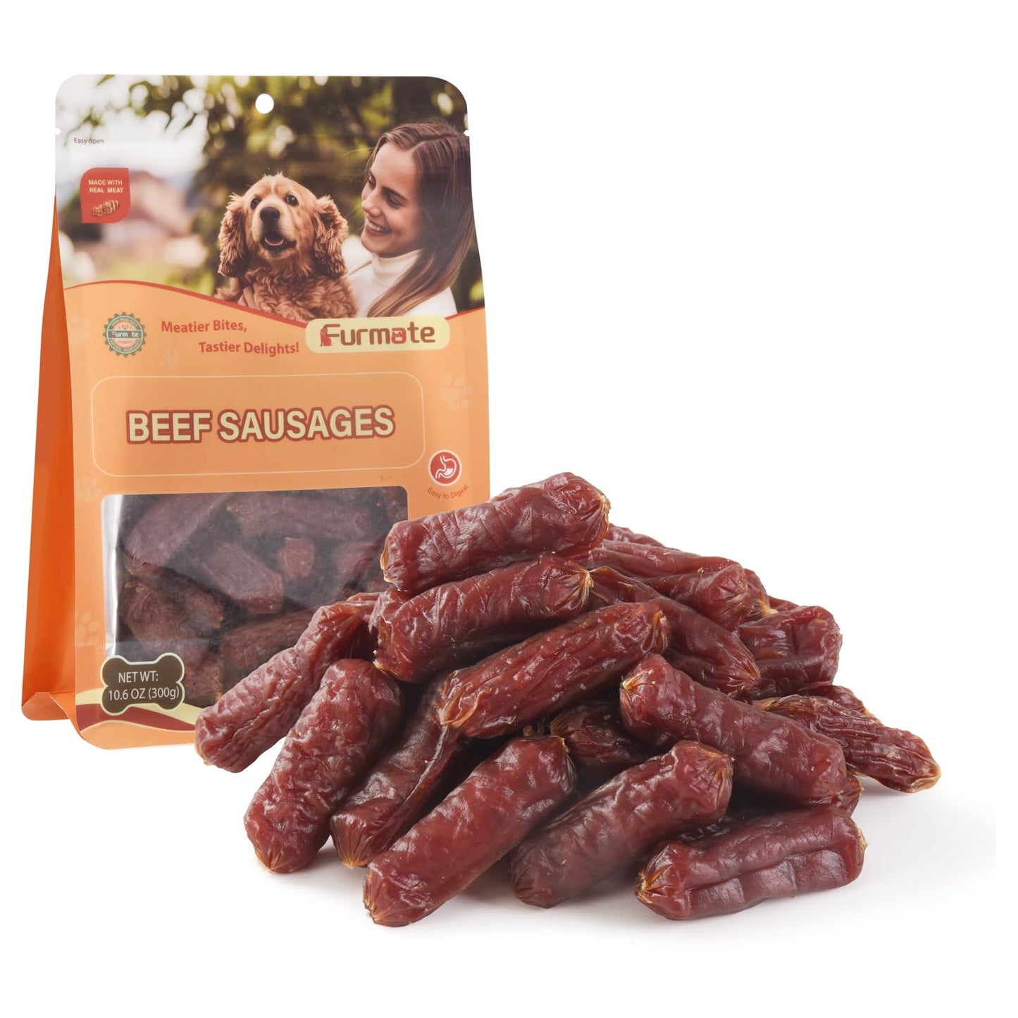 Furmate Soft Beef Sausage Dog Treats, Slow Roasted Beef Jerky for Dogs High Protein Low Fat, Grain-Free Gluten-Free Training Rewards Treats for Small Medium Large Dogs,10.58 oz