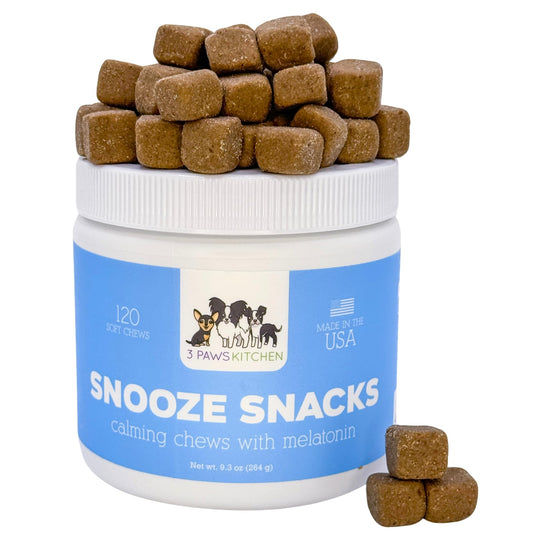 3 Paws Kitchen Snooze Snacks - Calming Chews for Dogs with Melatonin, Chamomile, and Valerian Root - Dog Anxiety Relief Supplement - 120 Soft Chews - Natural, Vet-Approved - Made in USA