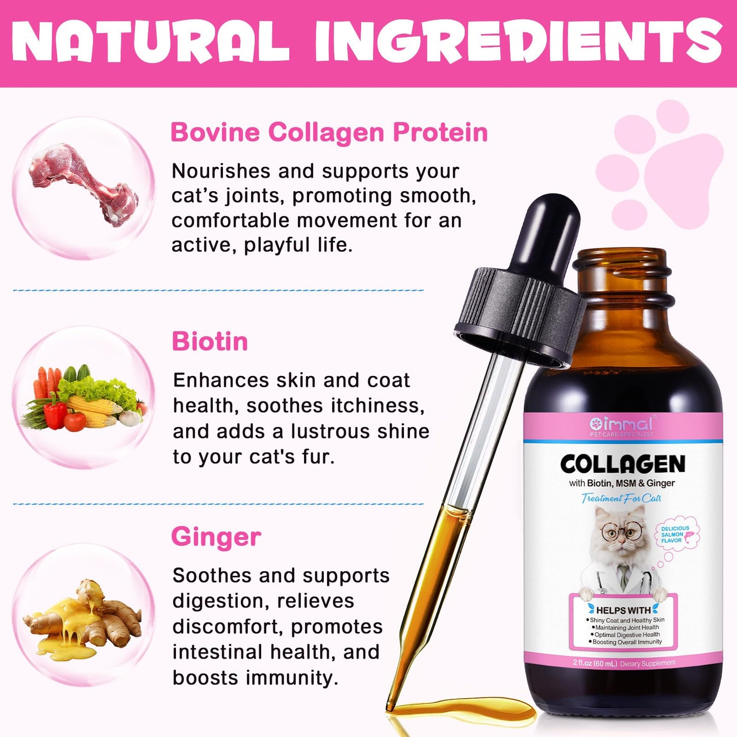 Collagen for Cats, Daily Liquid Collagen Drops for Cats with Allergies, Biotin, Vitamin C and Hyaluronic Acid, Improves Mobility Skin and Coat Health, Itch Relief for Cat, Salmon Flavor, 60ML