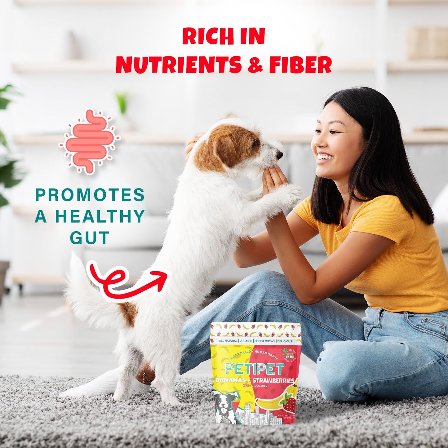 PETIPET Bananas+Strawberries Plant-Based Fruit Dog Treats - Strawberry, Apple, Banana Soft & Chewy Treats - Healthy, Vegetarian, Vegan - Organic Ingredients, Low-Protein, Hypoallergenic, Gluten-Free