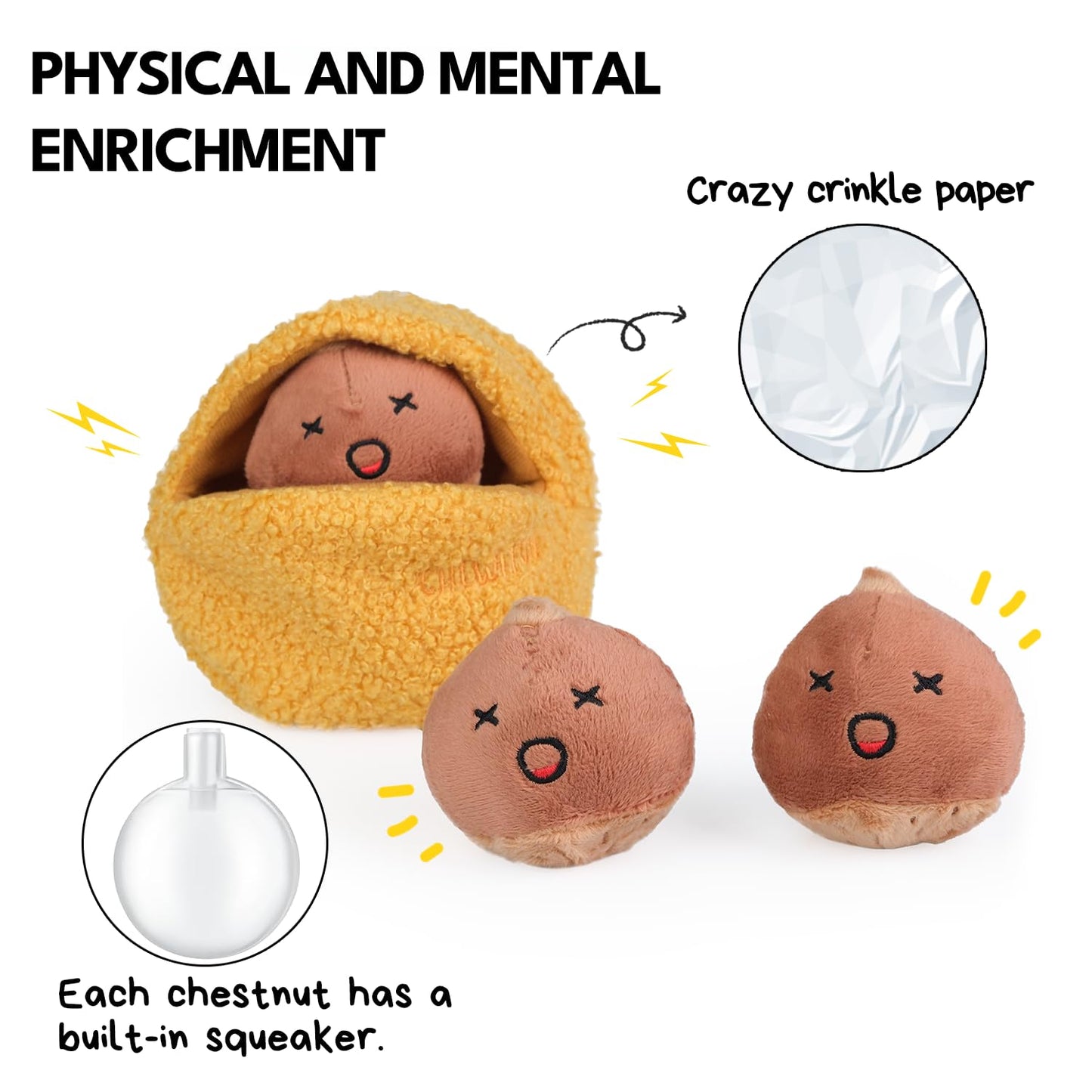 CHEWFFON Interactive Hide-and-Seek Burrow Toys, Dog Toys for Boredom, Cute Squeaky Plush Toy, Dog Toys for Small Medium and Large Dogs, Crinkle Snuffle Puzzle Toy-Chestnuts 4 Piece Set