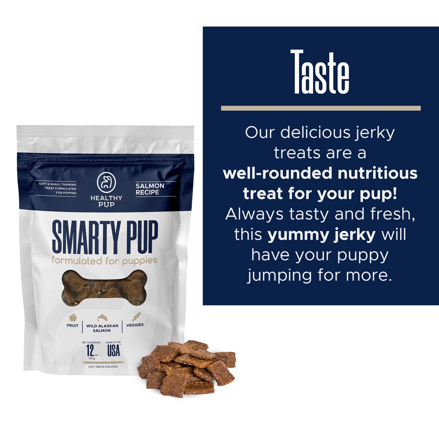Smarty Pup Salmon Jerky - 12 oz of Fruit, Veggies, and Fish Dog Treats – Puppy Jerky Made with Apples, Carrots, Sweet Potato, Wild Alaskan Salmon, Blueberries, Cranberries, and More