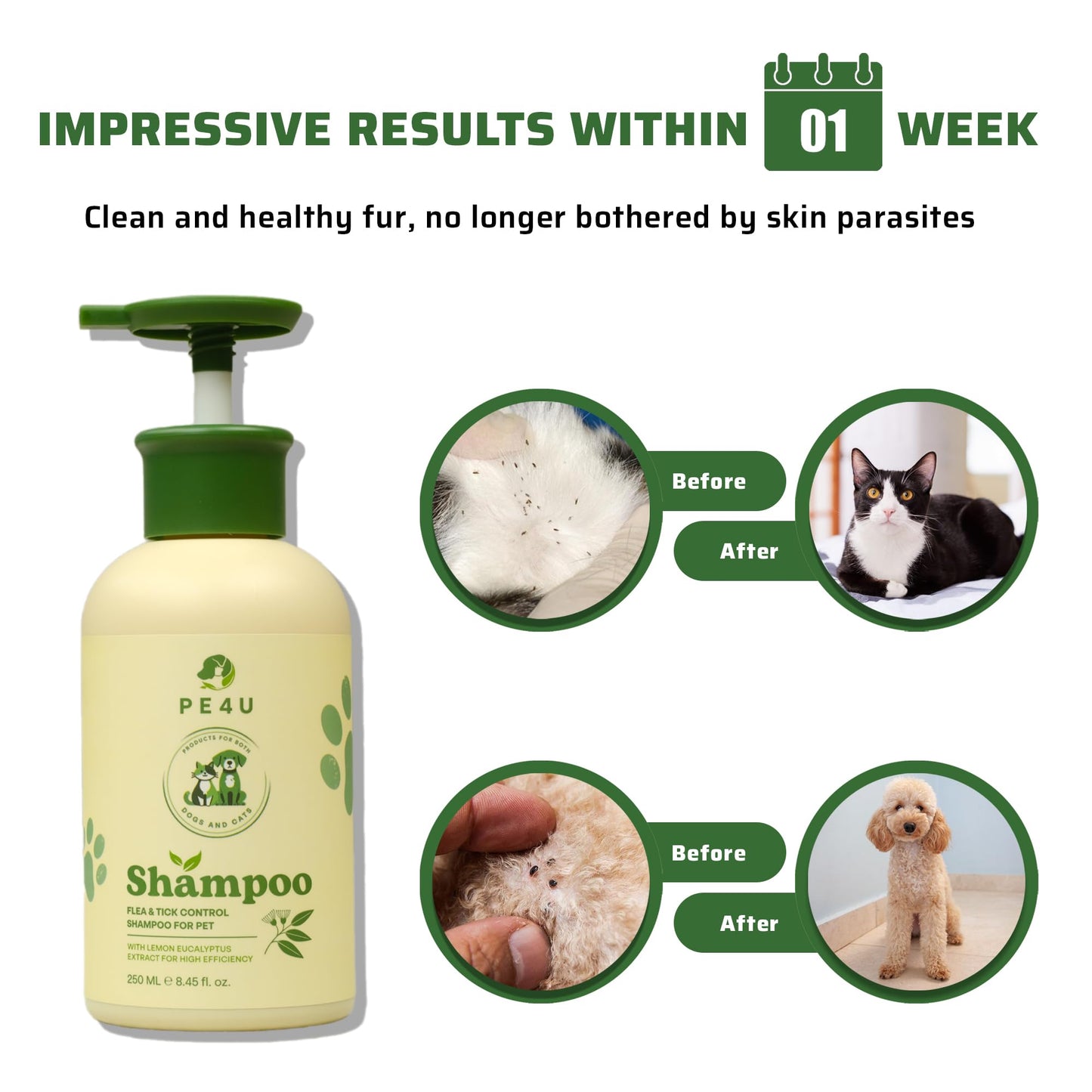 PE4U Natural Pet Shampoo for Dogs & Cats – Itch Relief, Odor Control & Deep Cleansing – Plant-Based Formula – Safe for Sensitive Skin, Reduces Shedding [Shampoo + Spray]