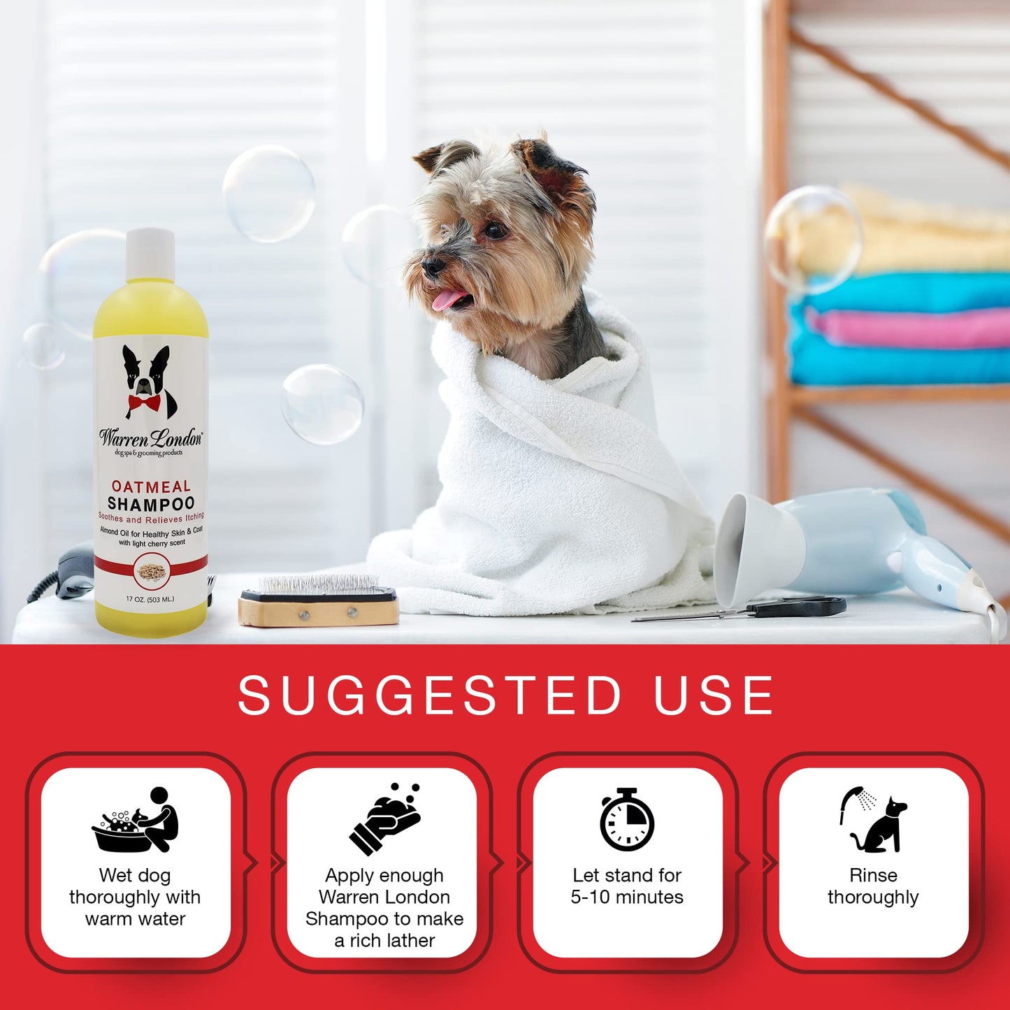 Warren London Oatmeal Dog Shampoo - Soothing Relief for Itchy, Flaky, Dry, & Sensitive Skin - Infused with Vitamins & Neem Oil - Stops Scratching - Made in USA - 17 oz