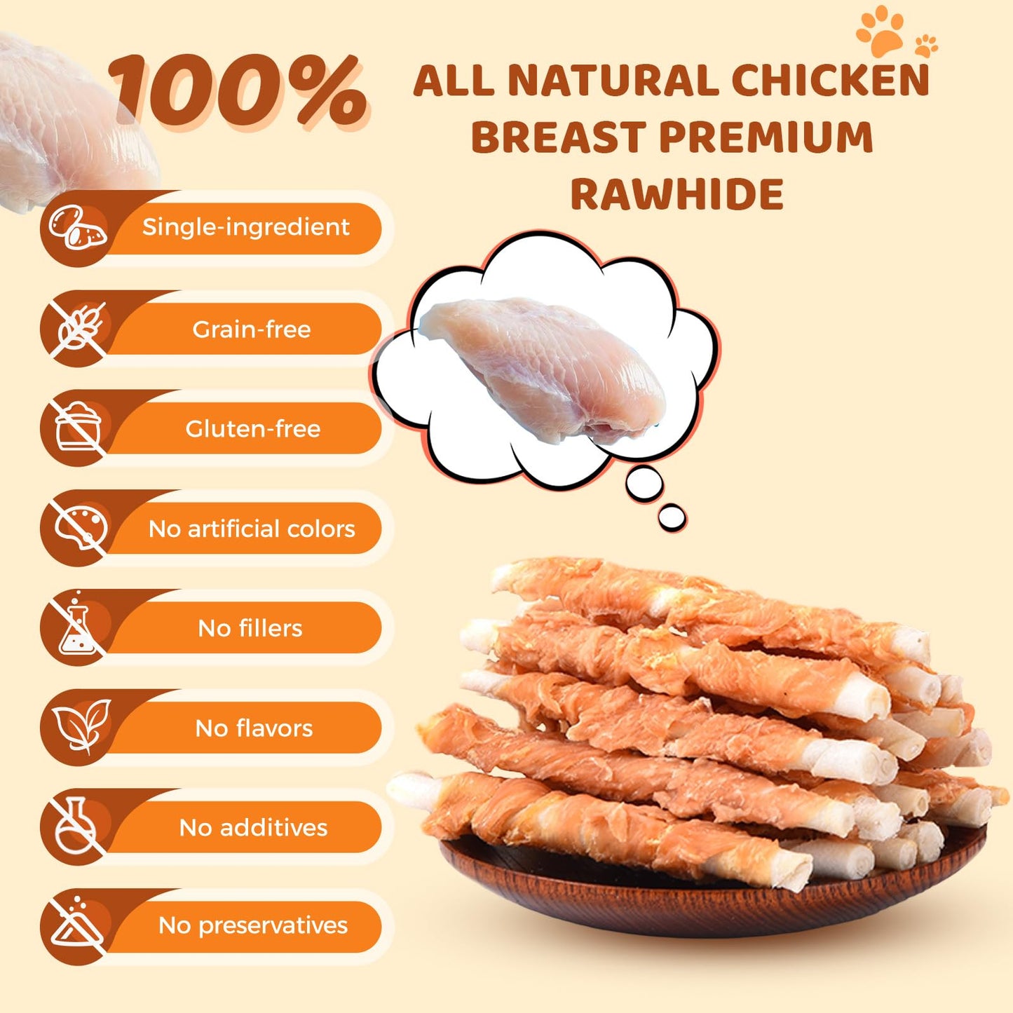 Chicken Wrapped Rawhide Sticks Dog Treats, Natural High Protein Pet Chew, Grain Free Training Snacks for Small Medium & Large Dogs, Long Lasting Rawhide Twists, 10.58oz