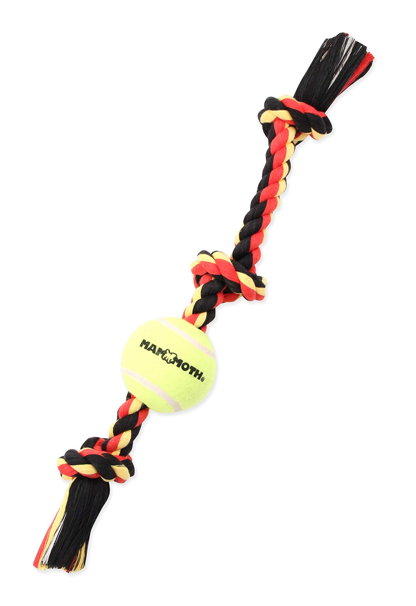 Mammoth Flossy Chews Color 3 Knot Tug w/Standard Tennis Ball – Premium Cotton-Poly Tug Toy for Dogs, Interactive Rope Dog Toy for Medium Dogs - 20” , Multi color
