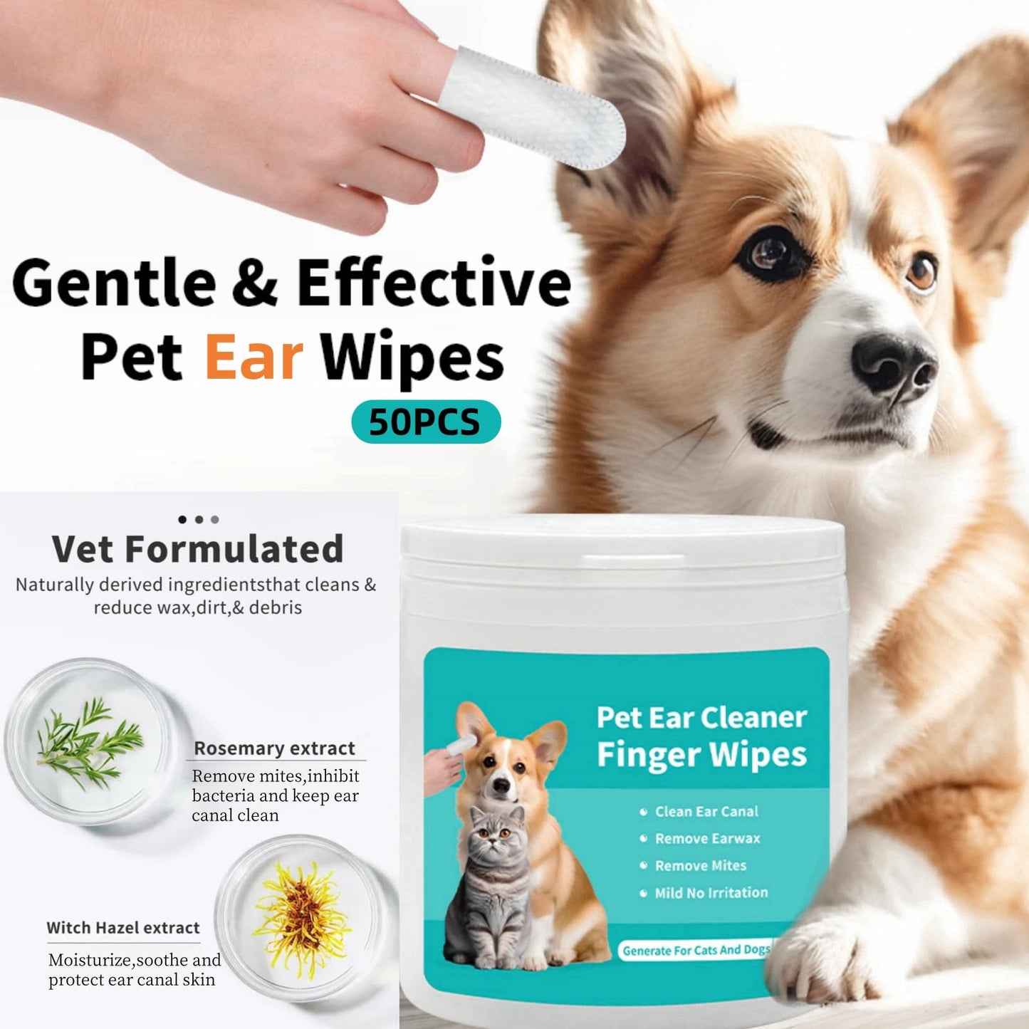 Pet Cleaning Wipes Kit For Dogs&Cats,includes Ear Finger Wipes,Teeth Finger Wipes and Eyes Wipes,Gently Clean Dogs&Cats Ear Wax,Remove Plaque&Tartar Buildup and Reduce Tear Stains,Non-Irritatingogs