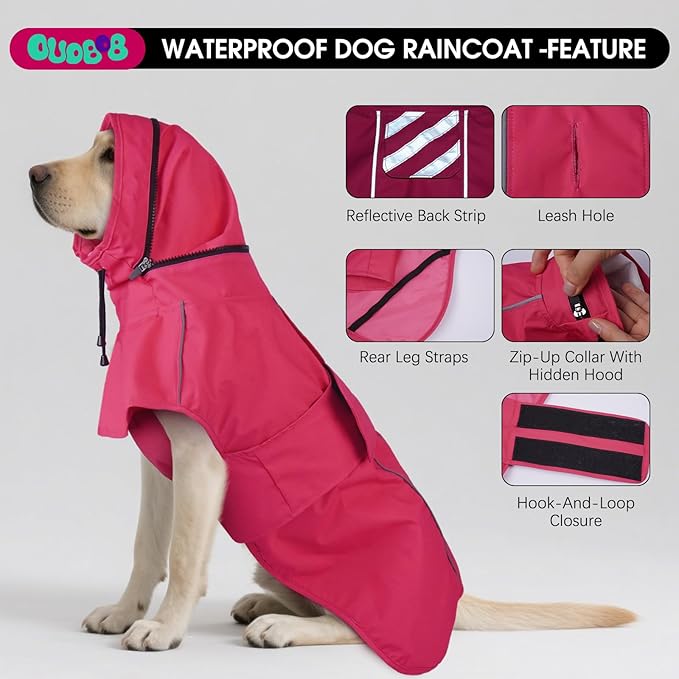 Dog Raincoat for Medium Dogs, Waterproof Adjustable Dog Rain Jacket with Hood, Leash Hole, Lightweight Reflective Poncho for Rain, Snow, Windy Weather & Outdoor Walks, Camping, Hiking - Pink M