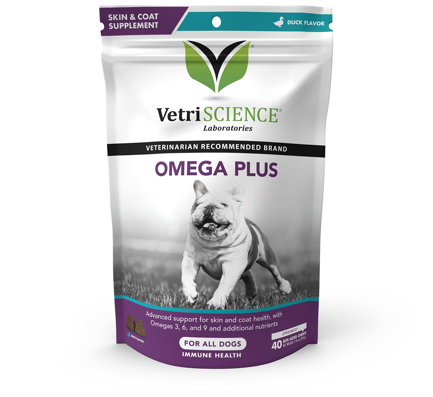 VetriScience Extra Strength Healthy Skin & Coat Chews, Omega Plus Supplement for Dogs, with Balanced Omega 3, 6, 9, Fish Oil and Biotin, Skin Health, Coat Growth and Shine, Duck, 40 Count
