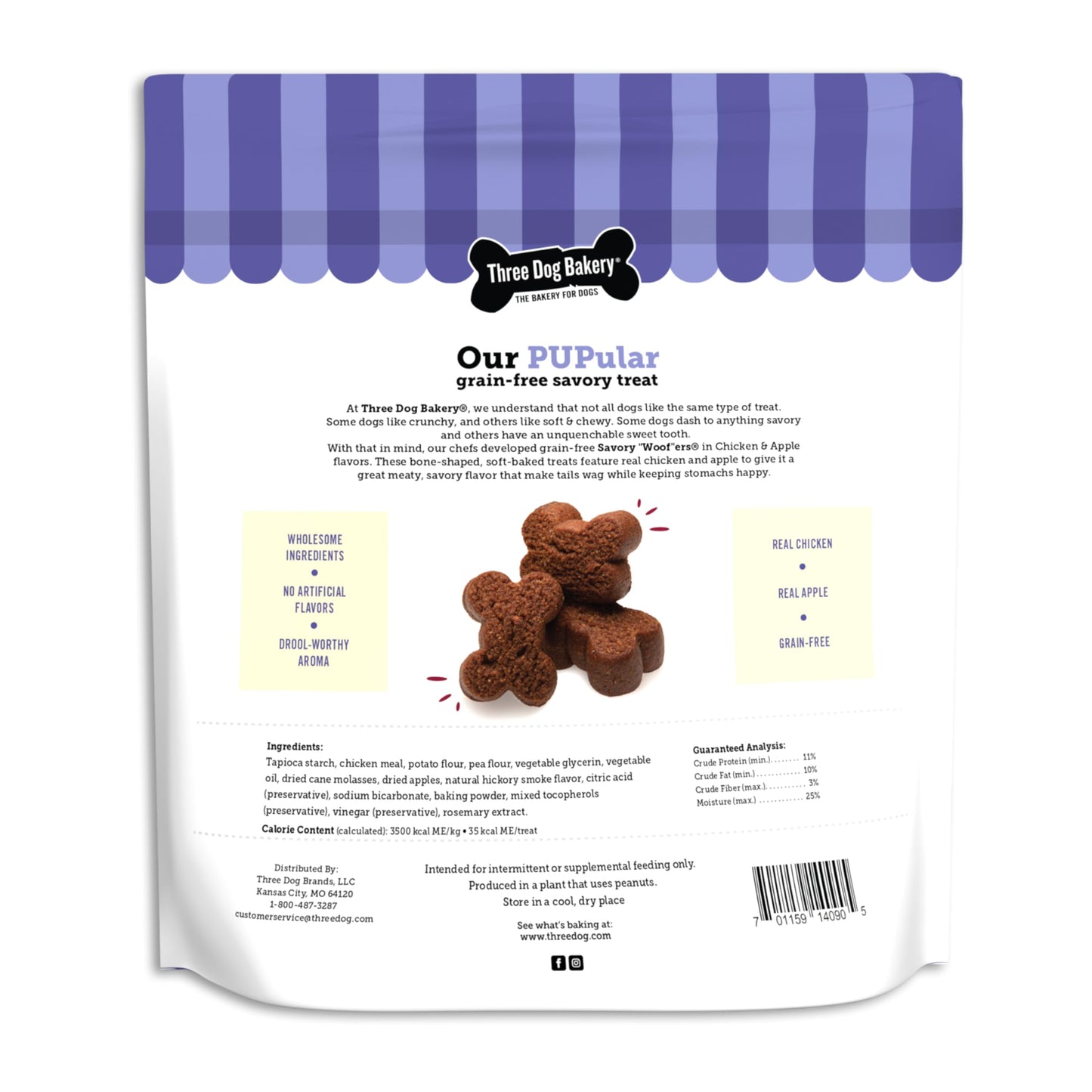 Three Dog Bakery Grain-Free Savory Woof ers in Chicken & Apple - Low Fat Dog Treats, Chicken & Apple Flavored Puppy Training Treats, Cookies for Dog Training Treats