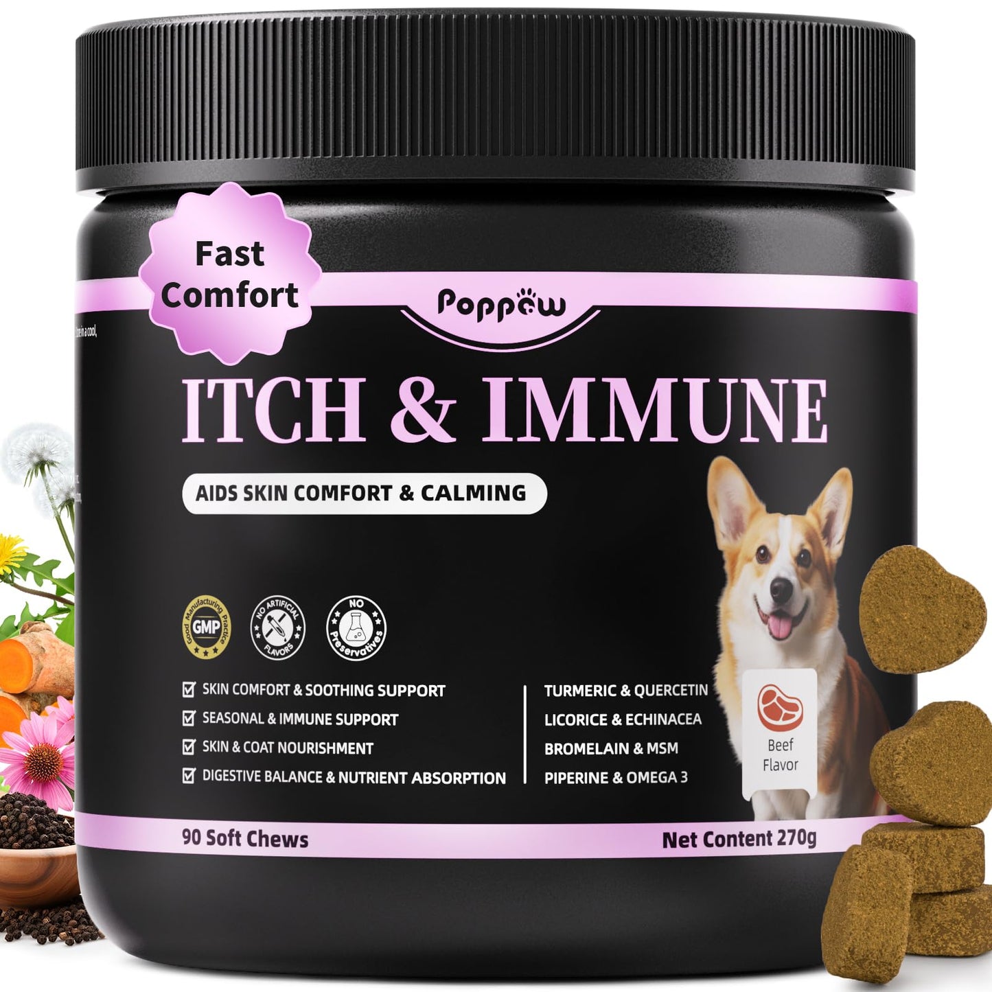 POPPAW Itch Relief for Dogs - Turmeric Supplements for Itching Skin Comfort & Coat Health & Seasonal Allergy Care, Immune Support Supplement with Omega-3 Fish Oil, Biotin - Beef Flavor - 90 Count