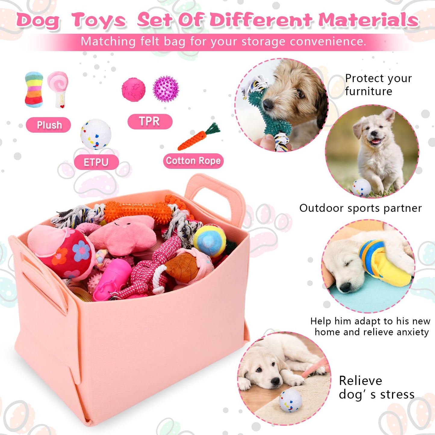 PullCrease 65 Pcs Puppy Supplies Starter Kit Small Dog Essentials Includes Dog Leash, Toys, Bowl, Brushes, Water Bottles, pet Blankets Puppy Accessories for New Welcome Gift Supplies(Cute,Pink)