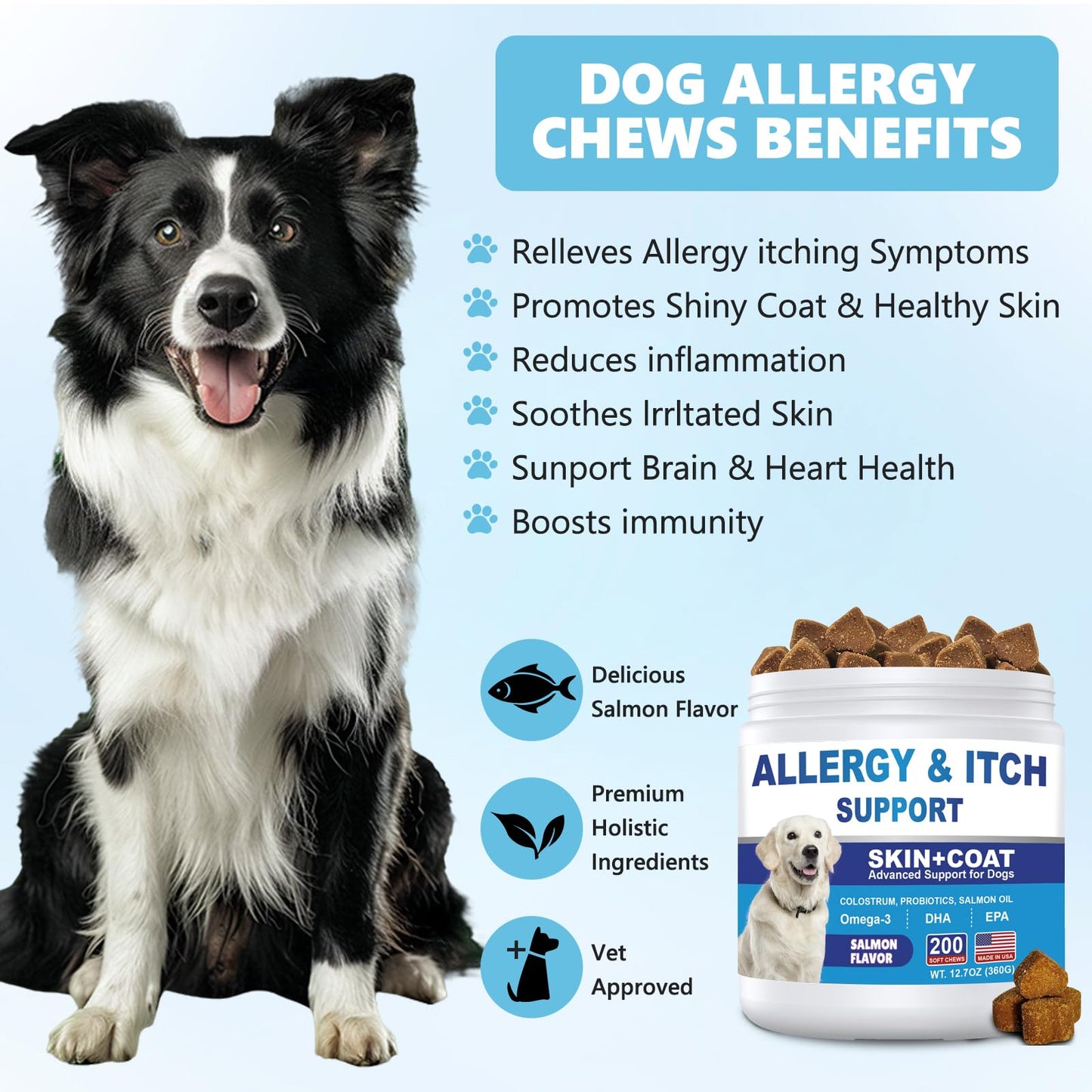 Dog Allergy Chews 200ct, Dog Allergy Skin Relief Chews for Dry Skin, Itchy Skin Relief Supplement for Paw Licking & Anti-Itch for Dogs with Colostrum, Salmon Oil, Probiotics to Boost the Immune System