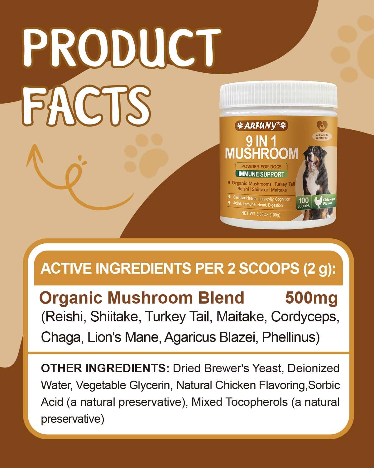Mushroom for Dogs - Lipoma for Dogs - 9 Organic Mushroom with Turkey Tail, Reishi, Lions Mane - Digestive, Cellular, Immune Health Support - Dog Lumps and Bumps Treatment - 100 Scoops, Chicken Flavor
