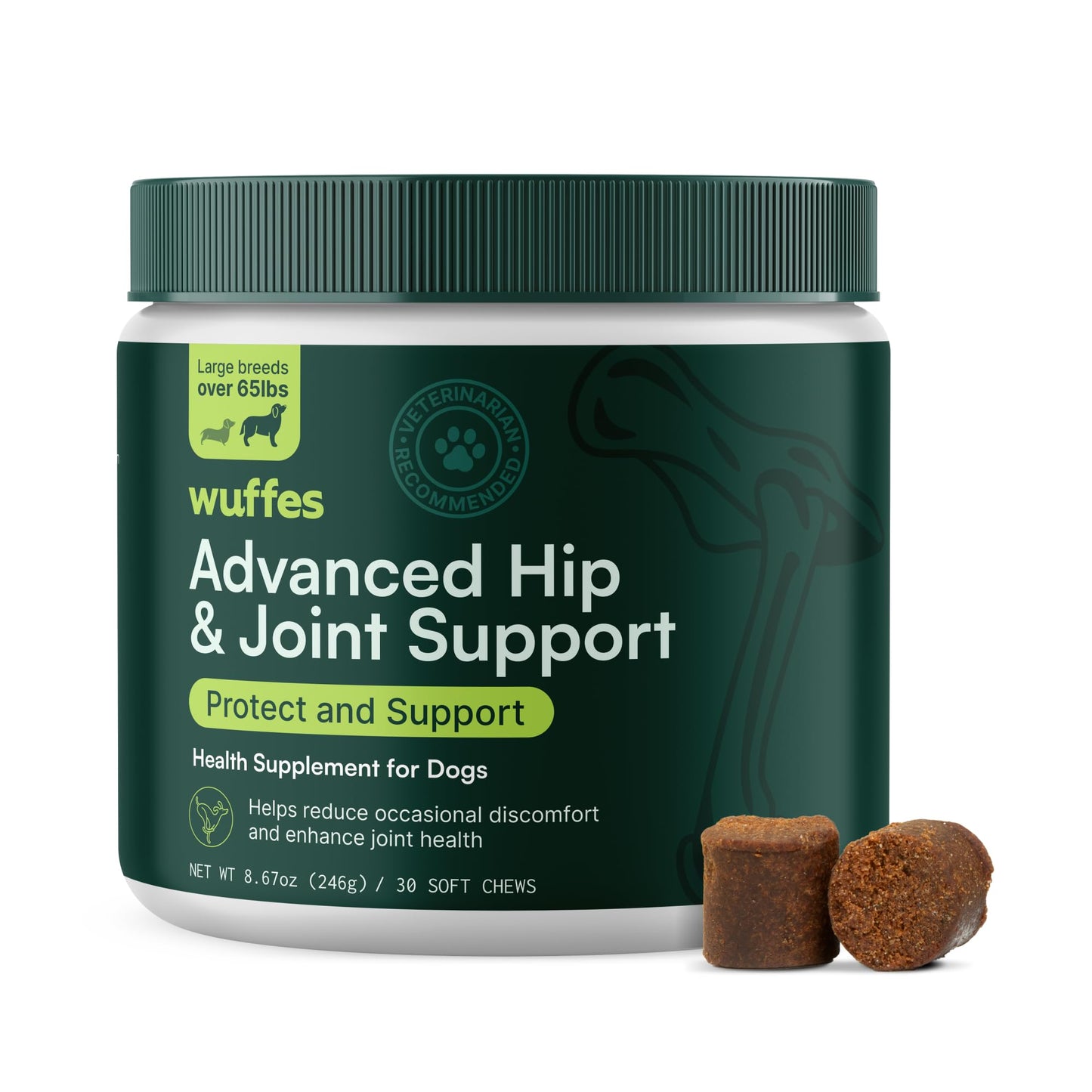 Wuffes Advanced Dog Hip and Joint Supplement with Glucosamine, Chondroitin, Omega 3, MSM, and Green Lipped Mussel, 30 Pork Flavored Chews for Large Dog Breeds