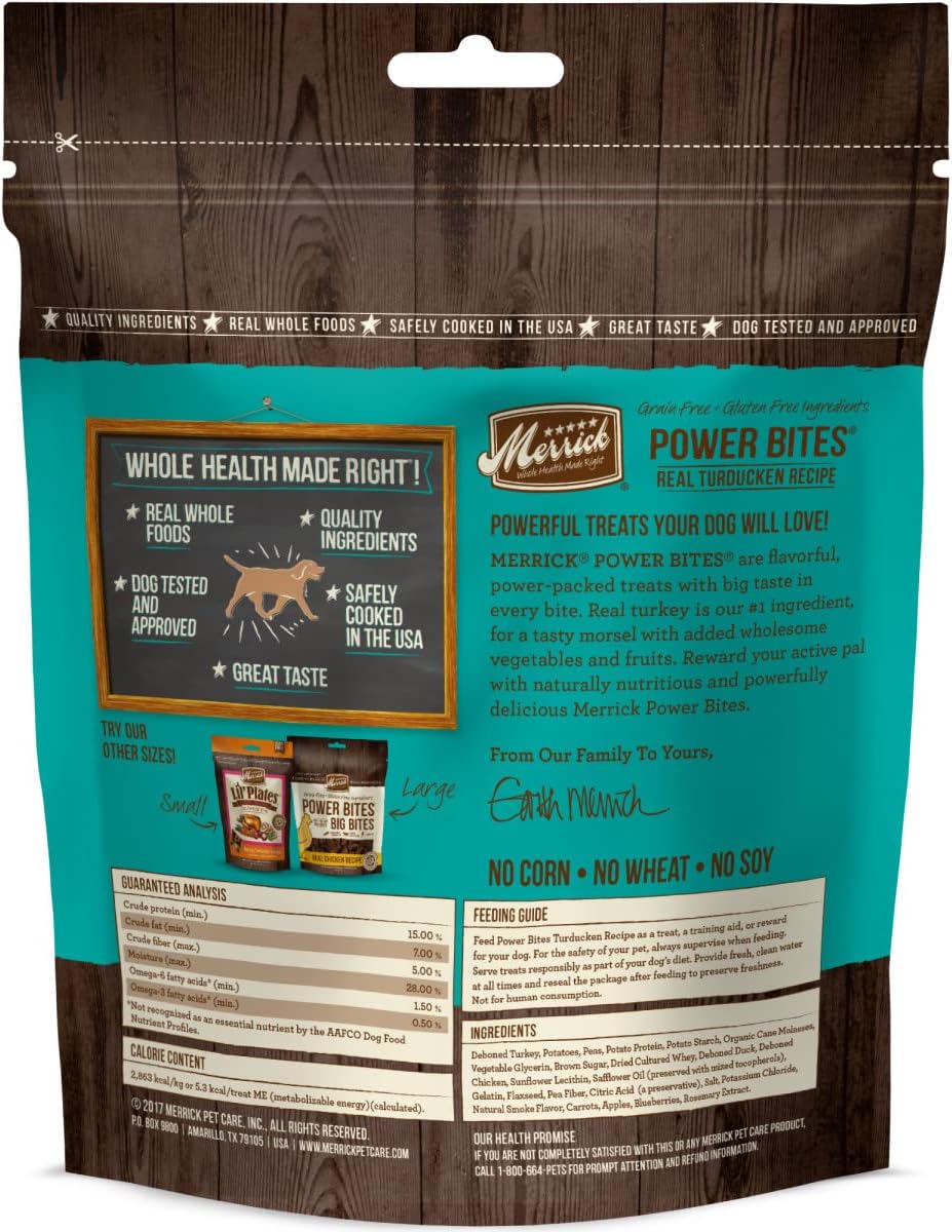 Merrick Power Bites Natural Soft And Chewy Real Meat Dog Treats, Grain Free Snack, Real Turducken Recipe - 6 oz. Bag