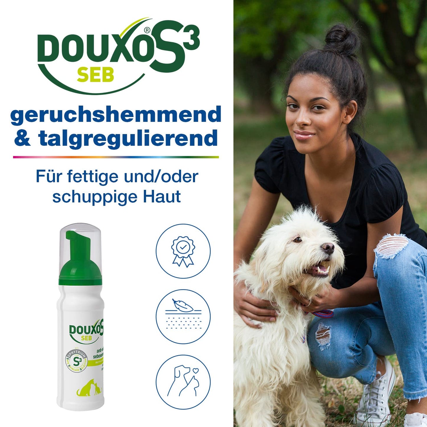 DOUXO S3 SEB Mousse, Dog & Cat Dandruff Solution, Soothing Leave-On Cat Mousse, Effective Mousse for Dog Dermatitis, Flaky & Oily Pet Skin, Hypoallergenic Fragrance, Dog Dandruff Mousse, 150ml