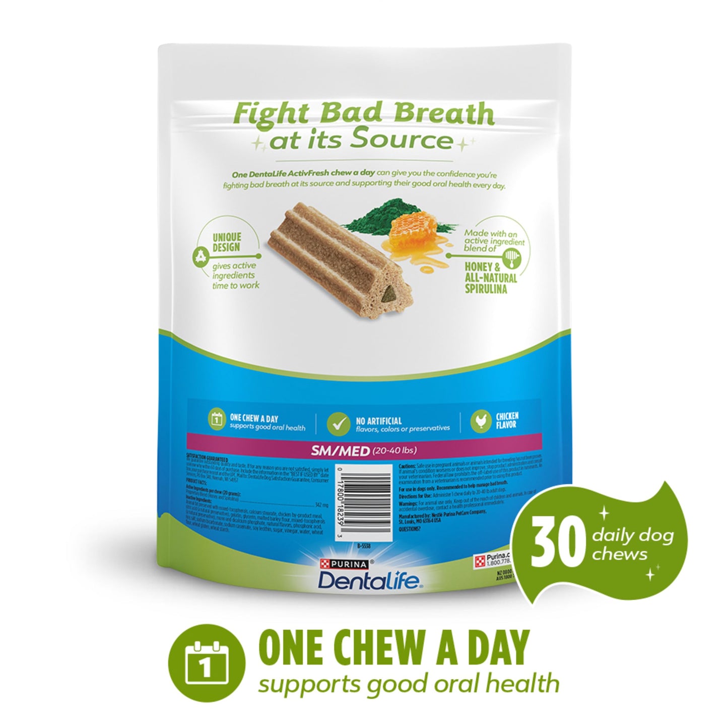 DentaLife ActivFresh Pack of 3 Dog Chews for Small and Medium Dogs 20-40 lbs., Dental Chews to Freshen Breath, Chicken Flavor, 22.5 oz. each, 30 Chews each/90 Total Chews - 30 ct. Pouch