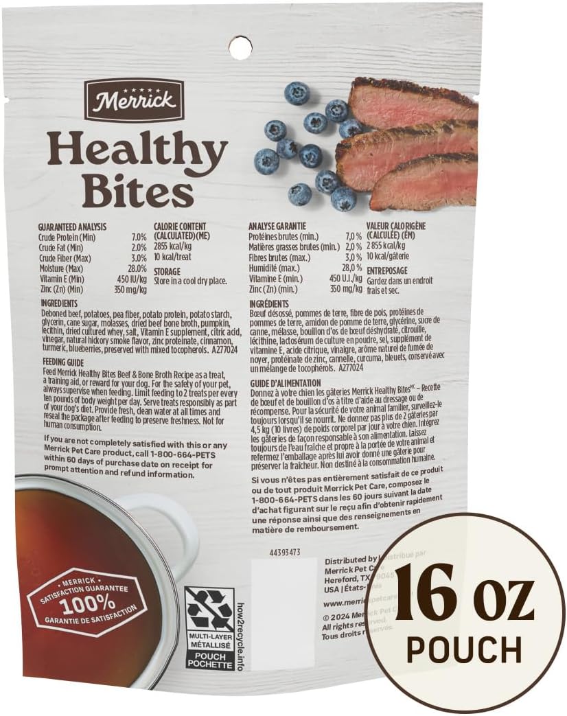 Merrick Healthy Bites Grain Free Dog Treats, Soft Treats with Bone Broth for Dogs, Beef and Bone Broth Recipe - 16 oz. Pouch
