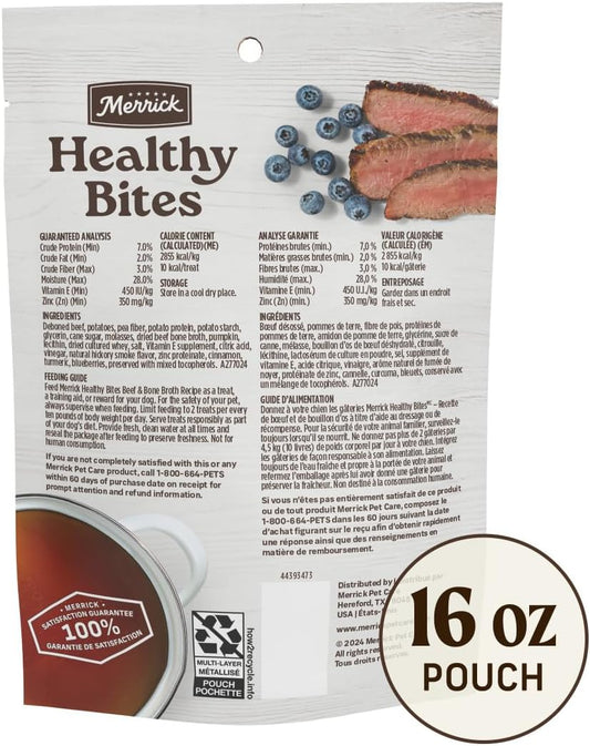 Merrick Healthy Bites Grain Free Dog Treats, Soft Treats with Bone Broth for Dogs, Beef and Bone Broth Recipe - 16 oz. Pouch