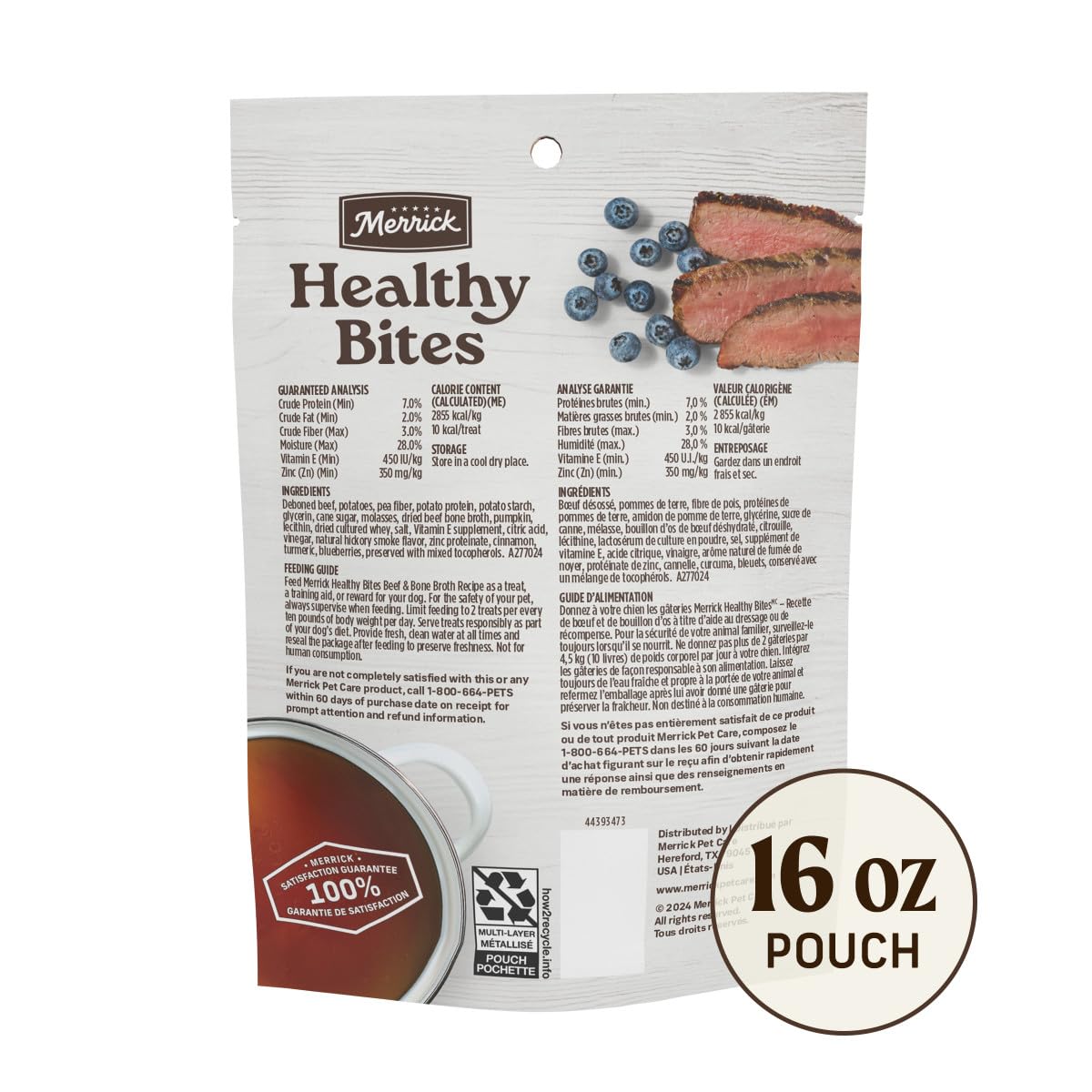 Merrick Healthy Bites Grain Free Dog Treats, Soft Treats with Bone Broth for Dogs, Beef and Bone Broth Recipe - 16 oz. Pouch