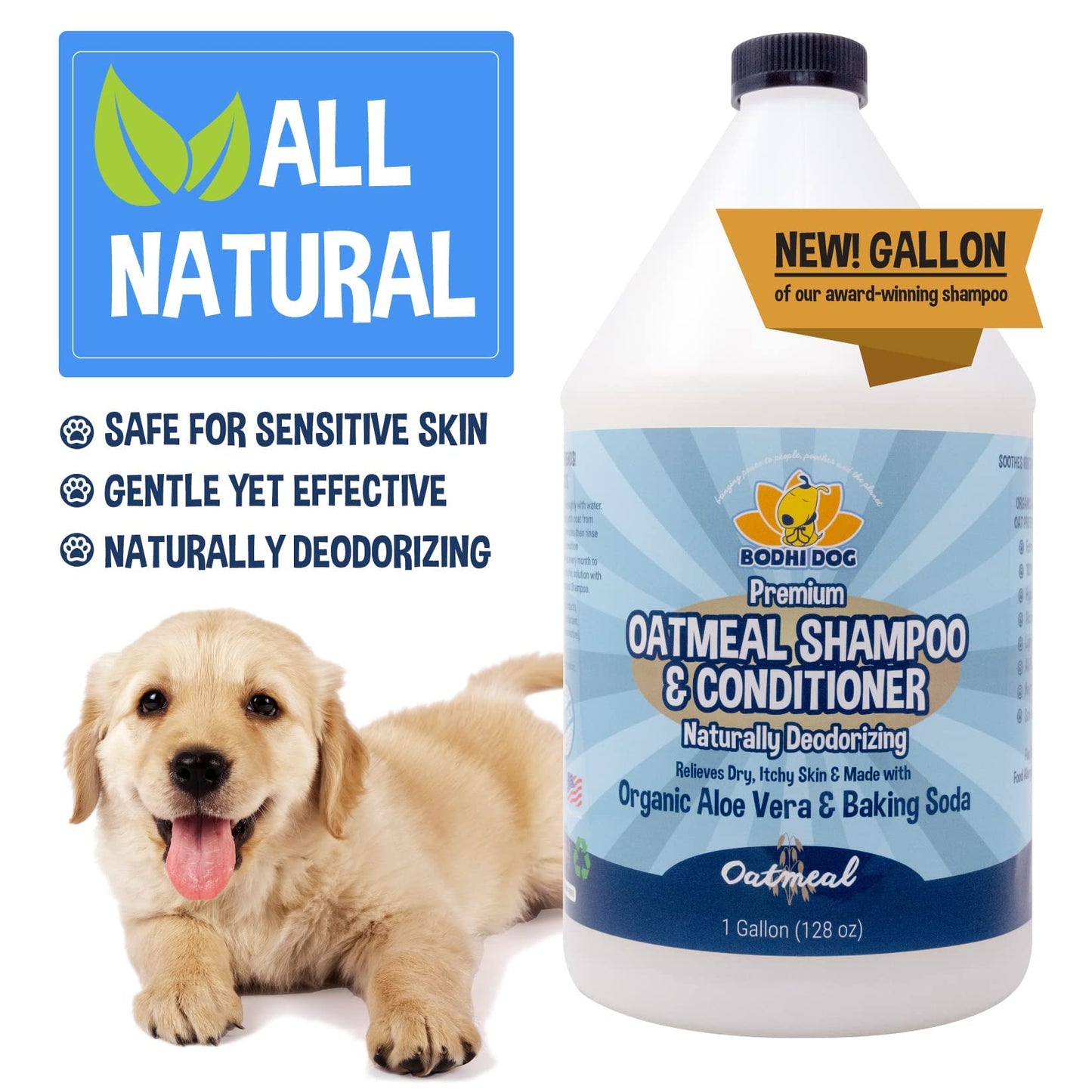 Bodhi Dog Organic Oatmeal Dog Shampoo & Conditioner - Hypoallergenic Formula - Naturally Deodorize Dogs, Cats & Pets - Moisturizes Dry, Itchy & Sensitive Skin - Made in USA (1 Gallon)