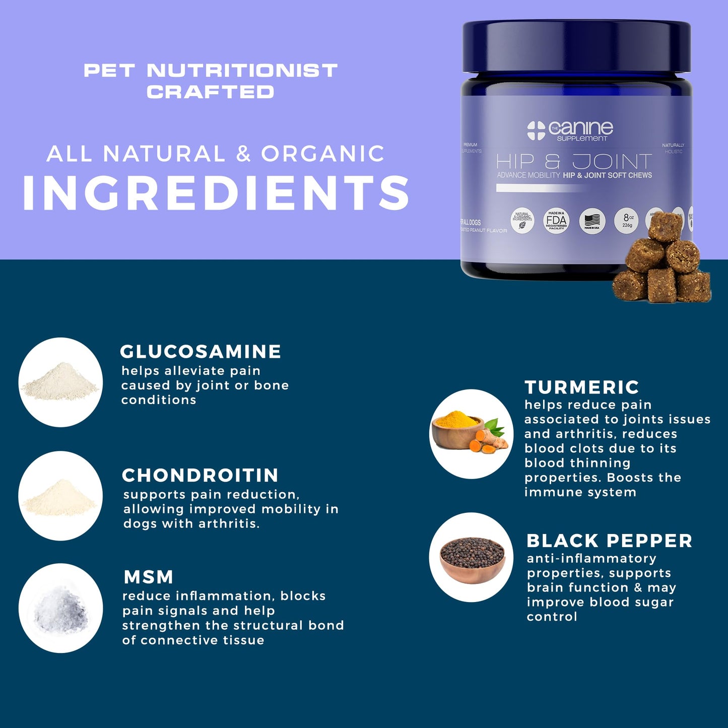 The Canine Supplement – Joint Support for Dogs | Soft Chews with Glucosamine, Chondroitin, MSM & Turmeric | Helps Mobility, Flexibility & Pain Relief | Roasted Peanut Flavor, 90 Count