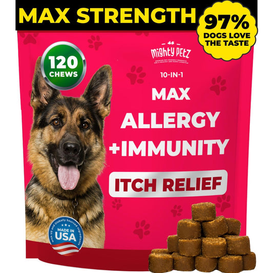 Mighty Petz MAX Dog Allergy Relief Chews - Itch Relief with Colostrum, Probiotics & Immune Support for Seasonal Allergies & Itchy Skin