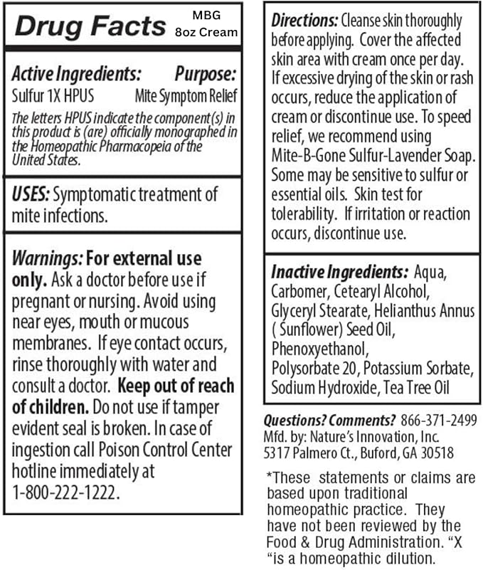 Mite Cream & Bite Relief - 10% Natural Blend Sulfur Cream for Multi-Purpose Bites, Redness, Itching, & Irritation | Safe for Kids and Adults | Fast & Effective for All Skin Types| 8 oz