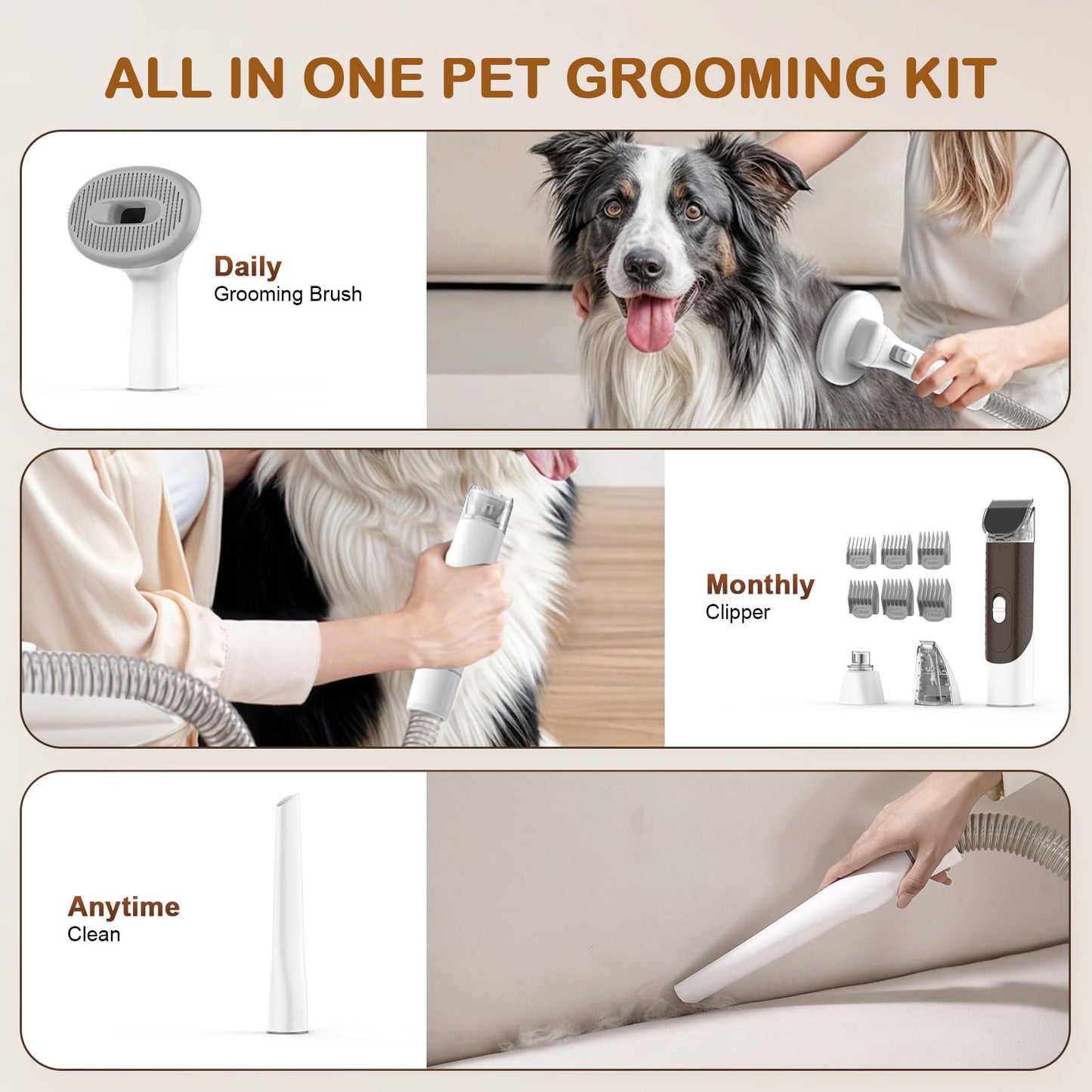 Dog Grooming Vacuum, Dog Grooming Kit with Pet Clipper Nail Grinder, 3 Suction Modes Dog Brush Vacuum with 6 Pet Grooming Tools (Brown)