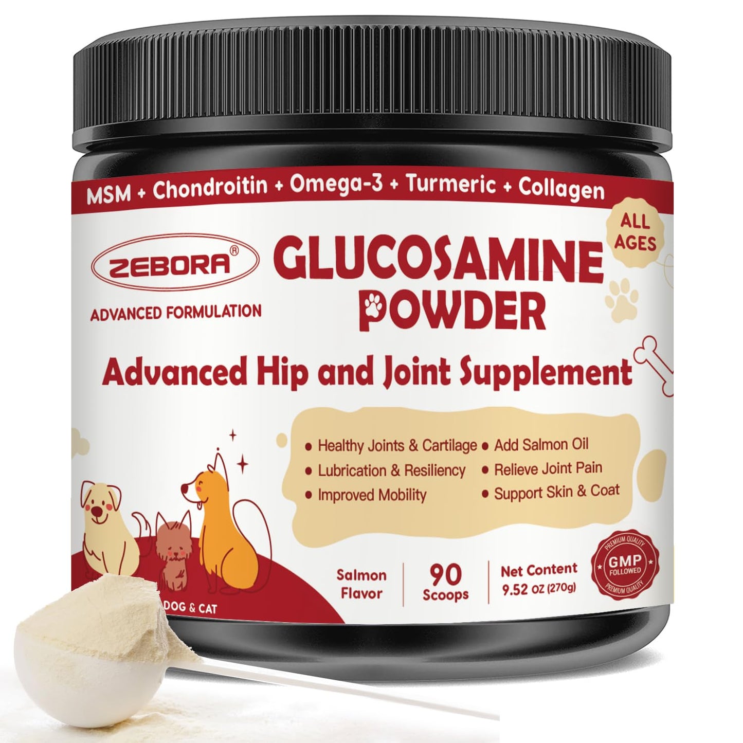 ZEBORA Glucosamine for Dogs - Joint Supplement for Dogs - Glucosamine Chondroitin, MSM, Omega-3, Collagen, Dog Hip and Joint Pain Relief, Support Mobility, Cartilage for Small & Large Breeds, 270g