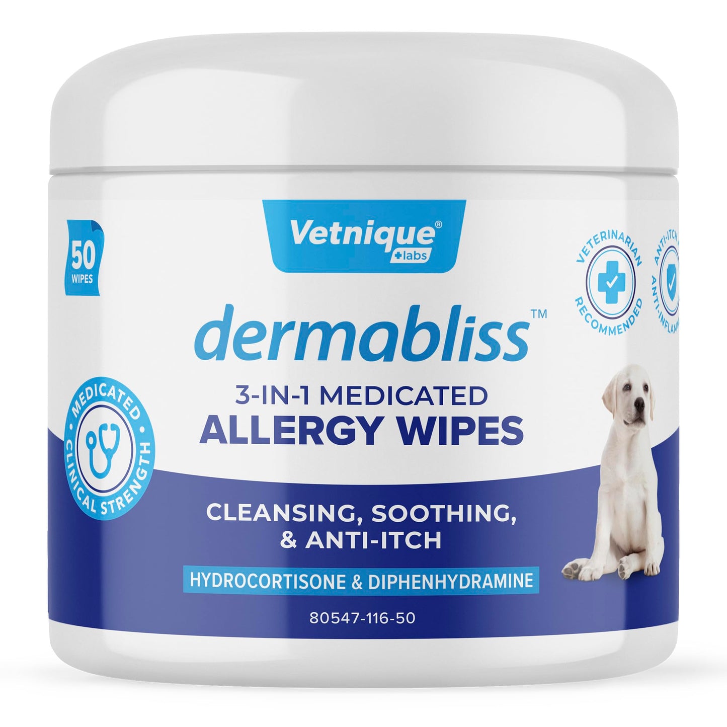 Vetnique Dermabliss 3-in-1 Medicated Dog Wipes - Relief for Itchy Skin, Allergies & Odor Control, Gentle No-Sting Formula, Antihistamine & Hydrocortisone Paw Wipes for Dogs & Cats 50 Count