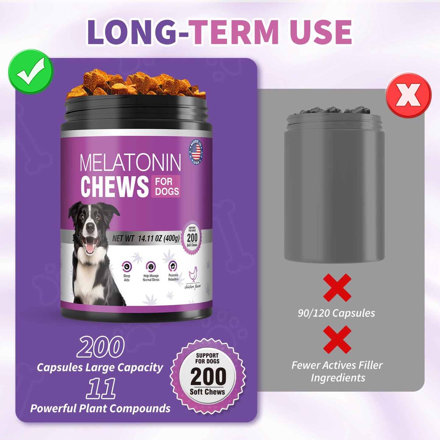 Calming Melatonin for Dogs Pet Chews Calming Treats for Sleep Aid Sleeping Pills Puppy Melatonin Bites Support Stress Anxiety Relief Separation for Small and Large Dogs 200ct (Chicken Flavor)