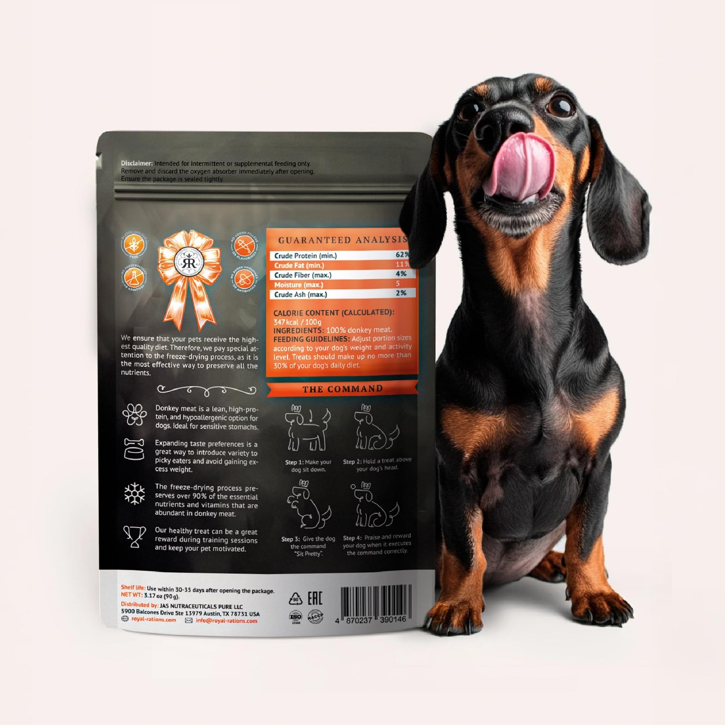 Freeze Dried Raw Dog Food, 100% Donkey Meat, Allergy Relief, Monoprotein, Training Treats or Toppings, Single Ingredient, All Natural, for Puppies, Adults and Seniors, 3.17 oz Bag