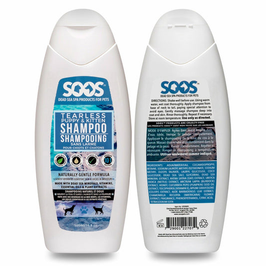 Soos Pet Tear-Less Shampoo for Puppies and Kittens | Natural Dead Sea Minerals | Fast Absorbing, Moisturizing, Gentle Skin Care | Vitamins & Essential Oils for Sensitive Skin - 500ml