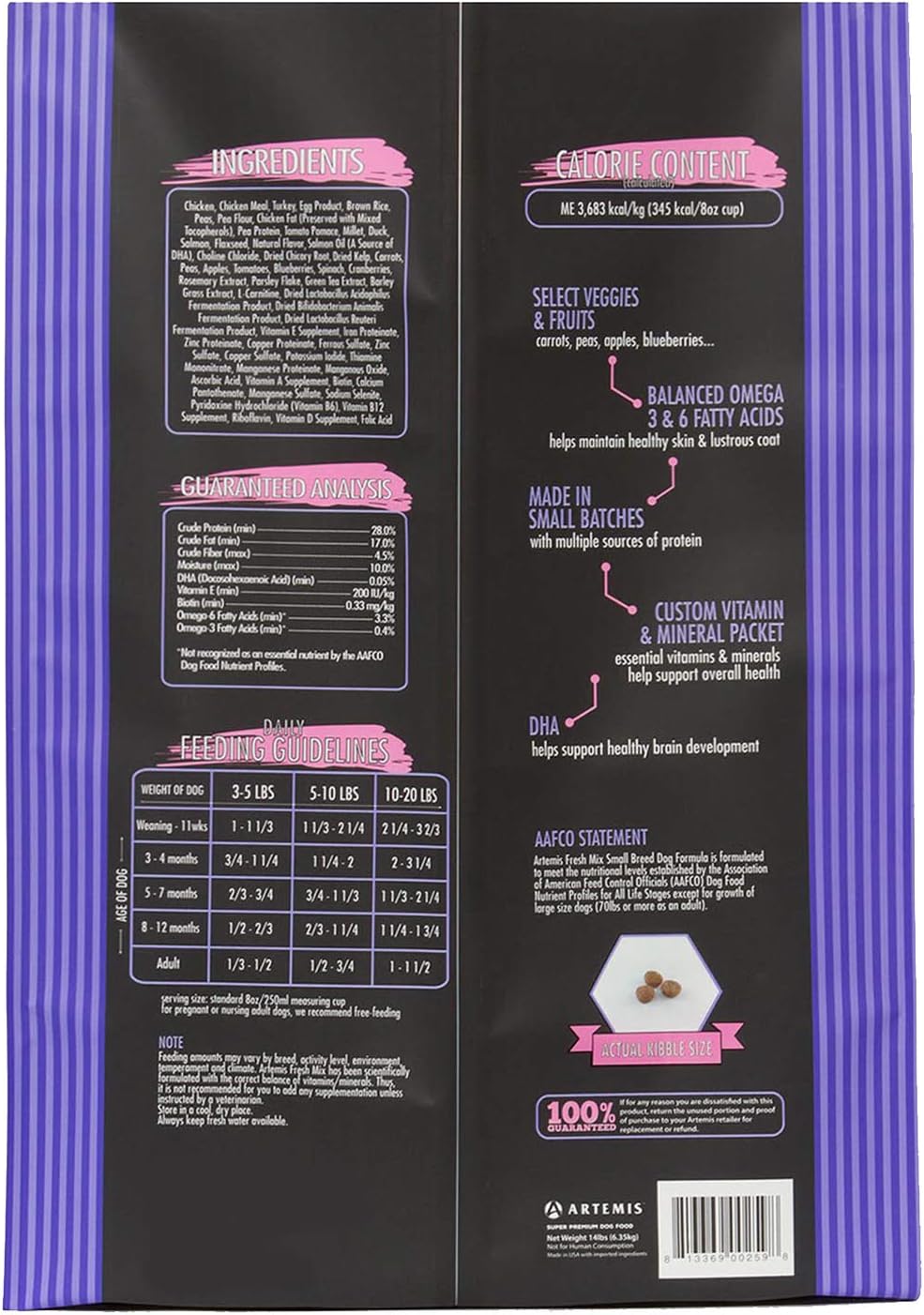 ARTEMIS Fresh Mix Dry Dog Food – Premium Meat Recipe Health Nutrition Protein Omega 3 6 Small Breed Adult Puppy All Life Stages 4lb Bag