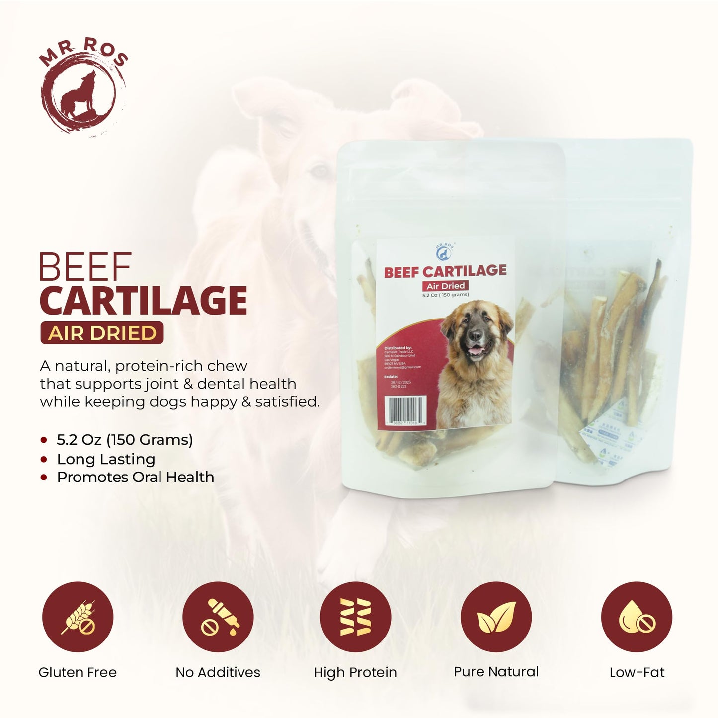Mr Ros Natural Beef Cartilage for Dogs - Premium Collagen Chews for Aggressive Chewers - Long Lasting Dog Treats for Joint and Skin Health - Healthy Pet Treats - 150g per Bag