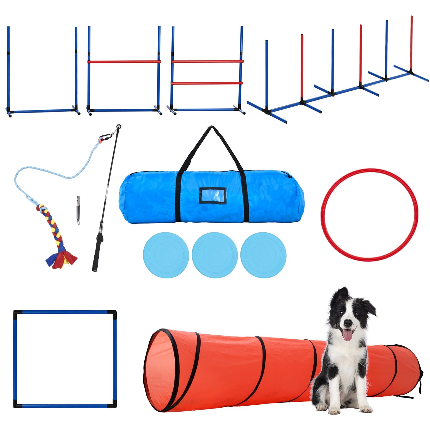 DWVO Dog Agility Accessories Kit: Comprises of a Teaser Pole, 2 Hurdles, 3 Flying Discs, 6 Weaving Poles, Agility Tunnel, Pause Box, Full Set of Agility Equipment for Backyard Indoors Outdoors