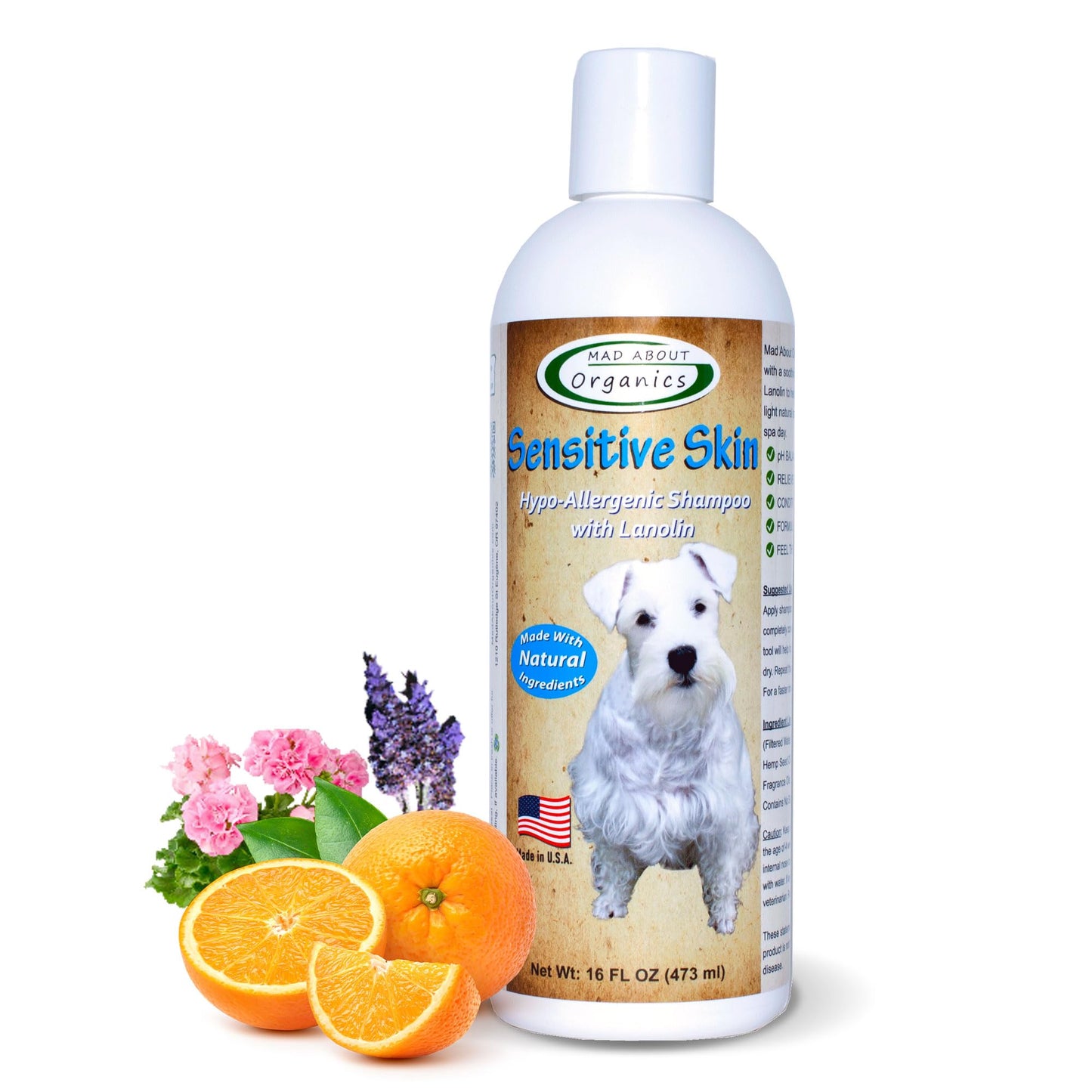 Mad About Organics Dog Shampoo for Sensitive Skin - Lanolin-Enriched Formula - pH Balanced to Support Natural Oils - Light Citrus Scent - Suitable for All Dogs - Moisturizes and Softens Coats - 16 oz