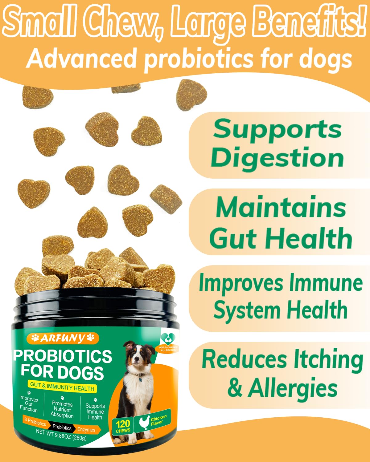 Probiotics Chews for Dogs with Prebiotic & Digestive Enzymes, Support Gut Health, Digestion, Immunity, Relief Seasonal Allergies, Diarrhea, Constipation (Chicken Flavor / 120 Chews)