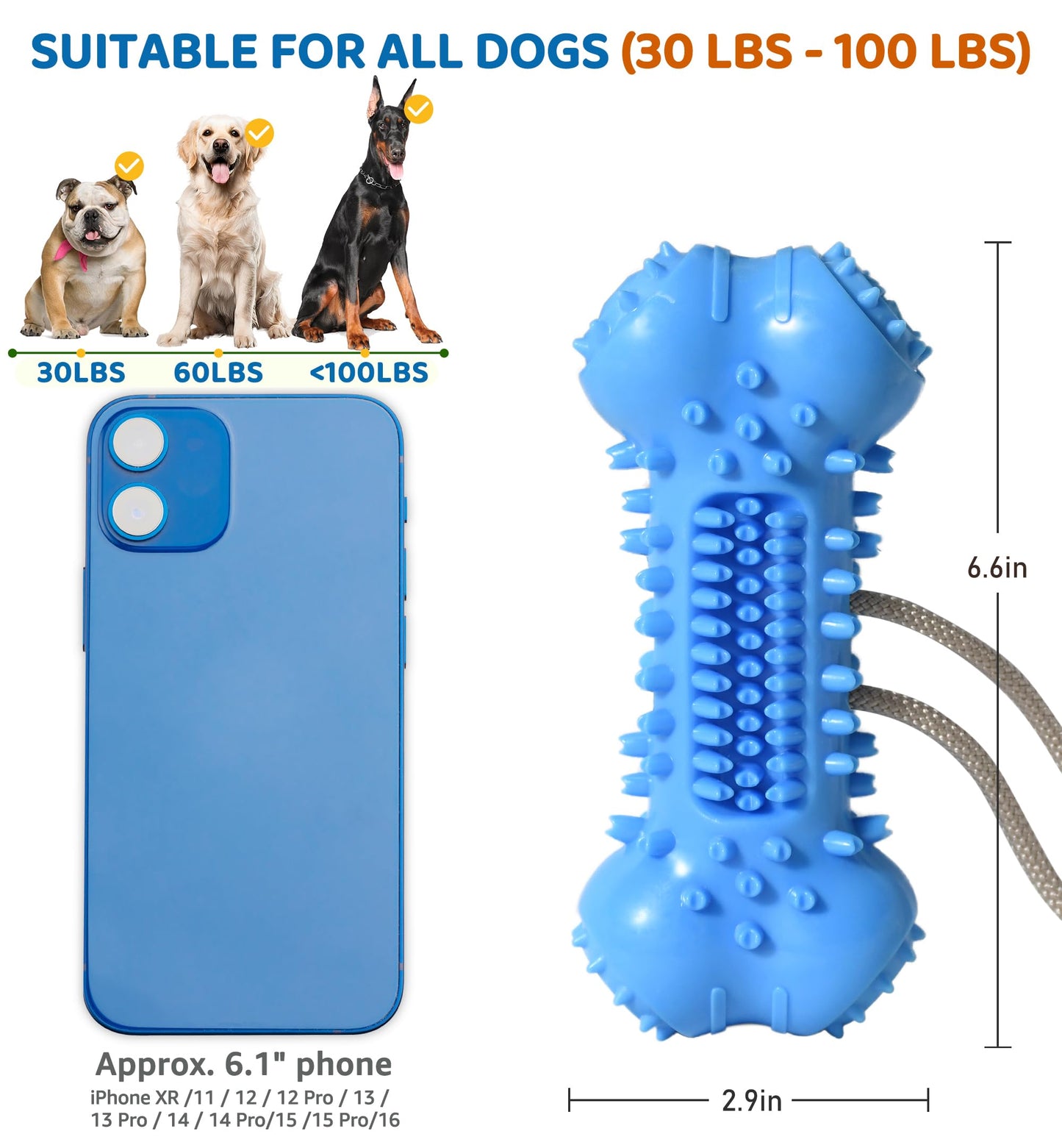 IPTPAS Dog Chew Toy for Aggressive Chewers, Durable Dental Cleaning Treat Toy, Food Dispensing Interactive Toy for Small, Medium & Large Dogs, Teeth Cleaning, Keep Busy, Tough Natural Rubber (Blue)