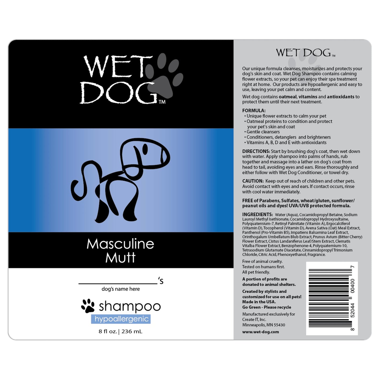 Wet Dog Masculine Mutt All-Natural Organic Oatmeal Sensitive Skin Shampoo for Male Dogs, Moisturizing Detangling Deshedding - 8 Ounce