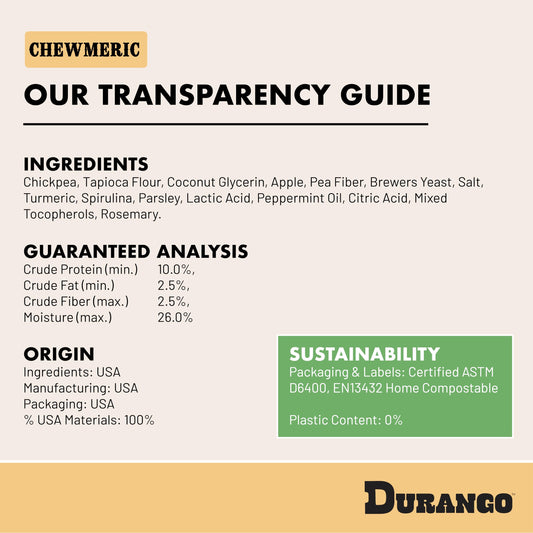 Durango Chewmeric Dental Sticks for Dogs – 6” Plant-Based Dog Chews with Turmeric, Spirulina, and Peppermint – Fresh Breath & Joint Support – Grain-Free Vegan Treats – Made in USA (6 Count)
